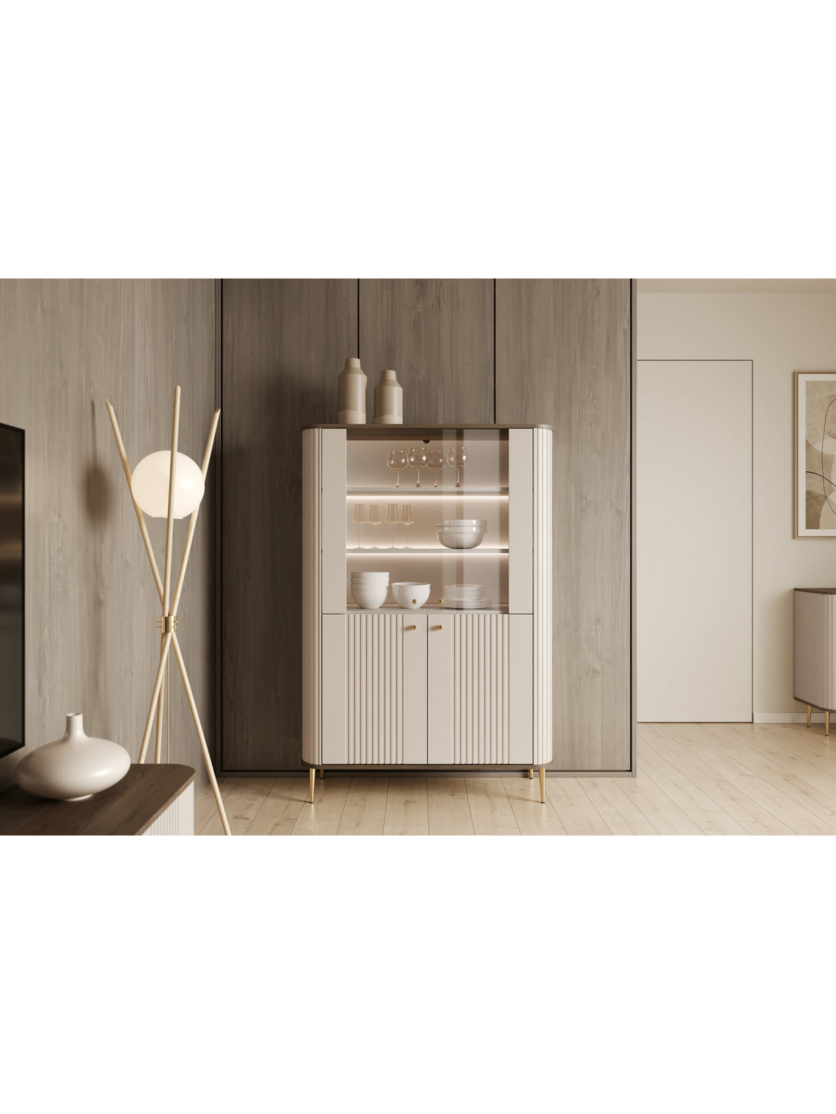 Vitrină Vesper 103 cm cu patru uși kasmir cu blat nuc și picioare aurii