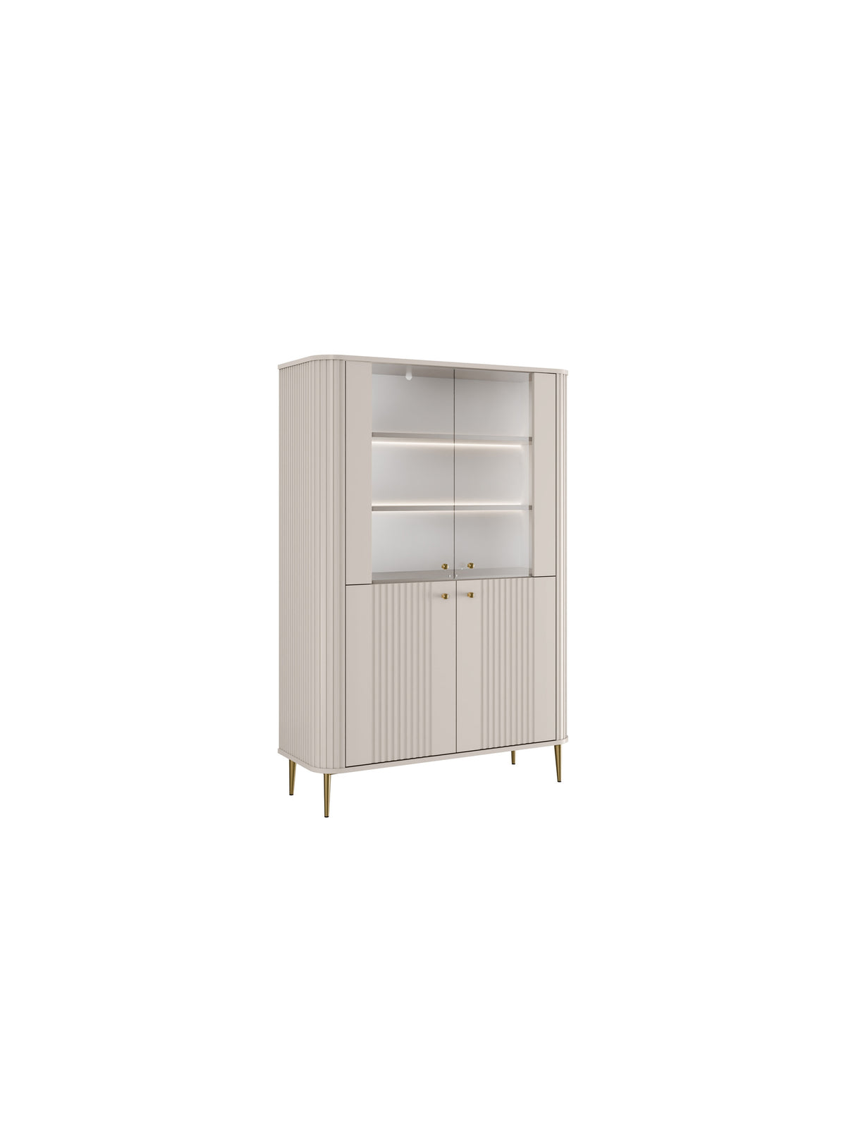 Vitrină Vesper 103 cm cu patru uși casmir cu fronturi canelate și picioare aurii