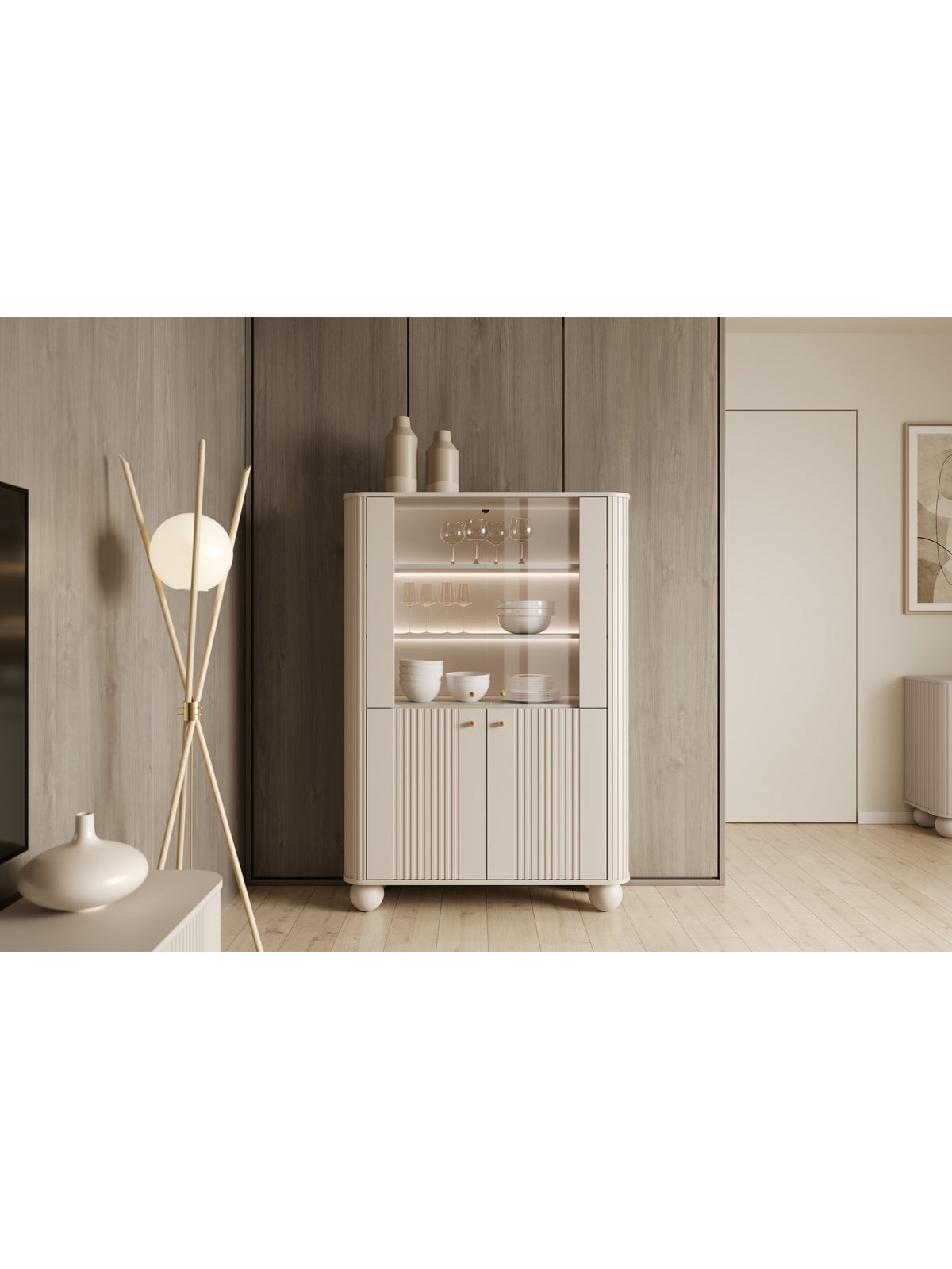 Vitrină Vesper 103 cm casmir cu patru uși și mânere aurii