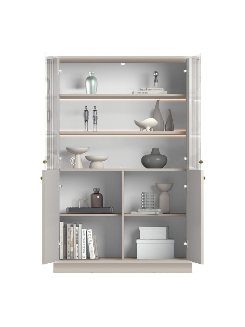 Vitrină Vesper 103 cm cu patru uși, casmir, fronturi rigate și mânere aurii