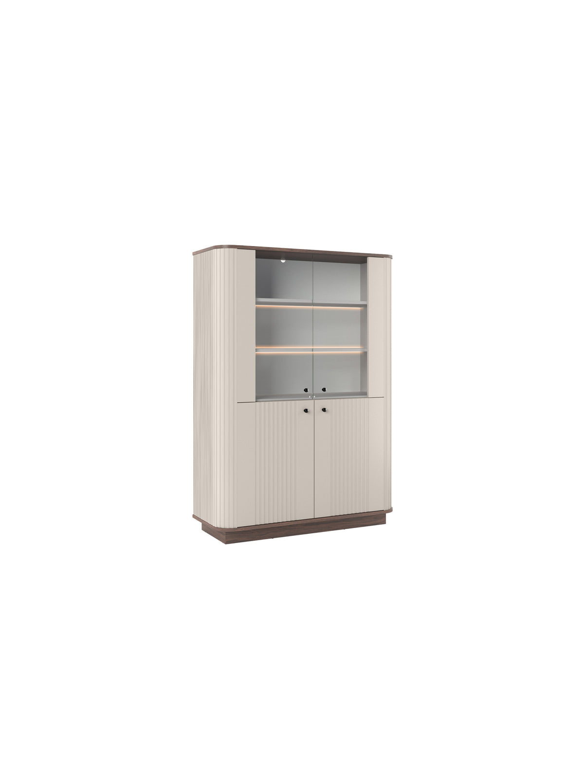Vitrină Vesper 103 cm cu patru uși în casmir cu blat nuc și mânere negre