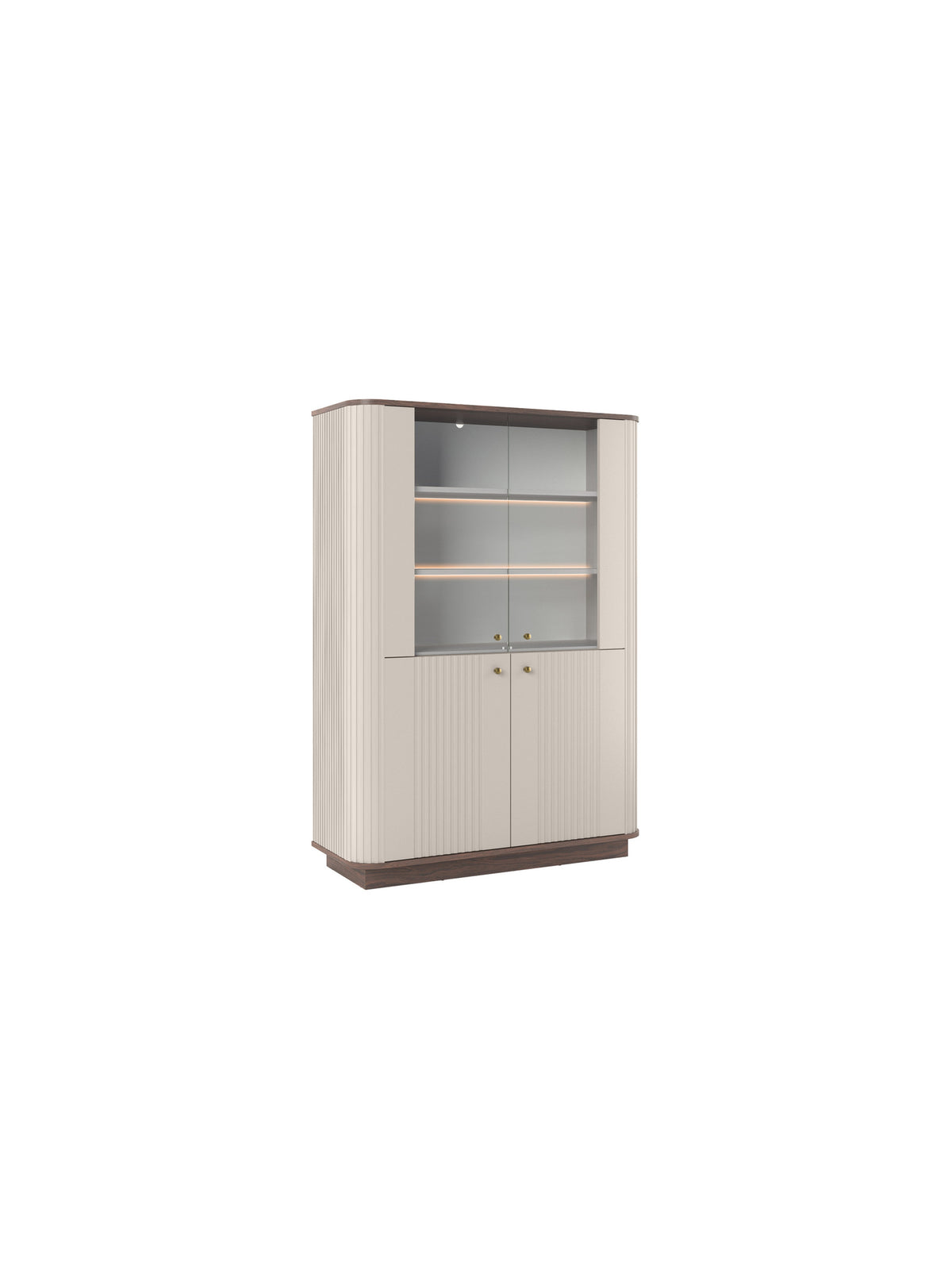 Vitrină Vesper 103 cm cu patru uși, finisaj kasmir cu blat nuc și mânere aurii, vedere frontală