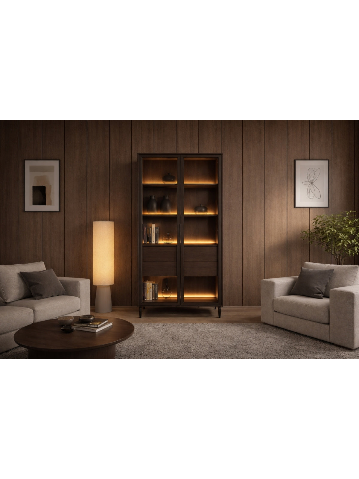 Vitrină înaltă Auri 91 cm stejar dunin cu iluminare LED și elemente metalice negre