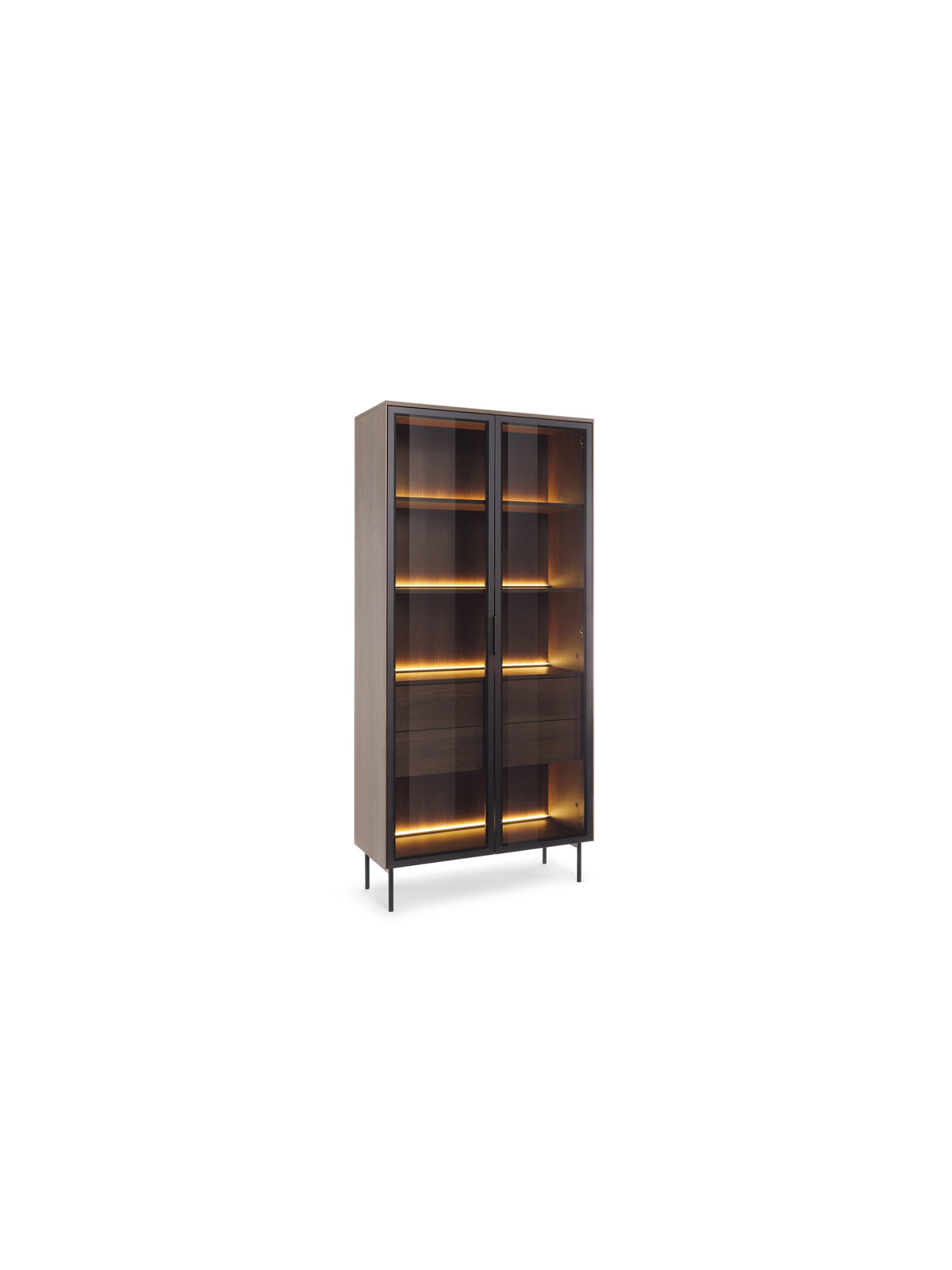 Vitrină înaltă Auri 91 cm culoare stejar dunin cu picioare negre și iluminare LED
