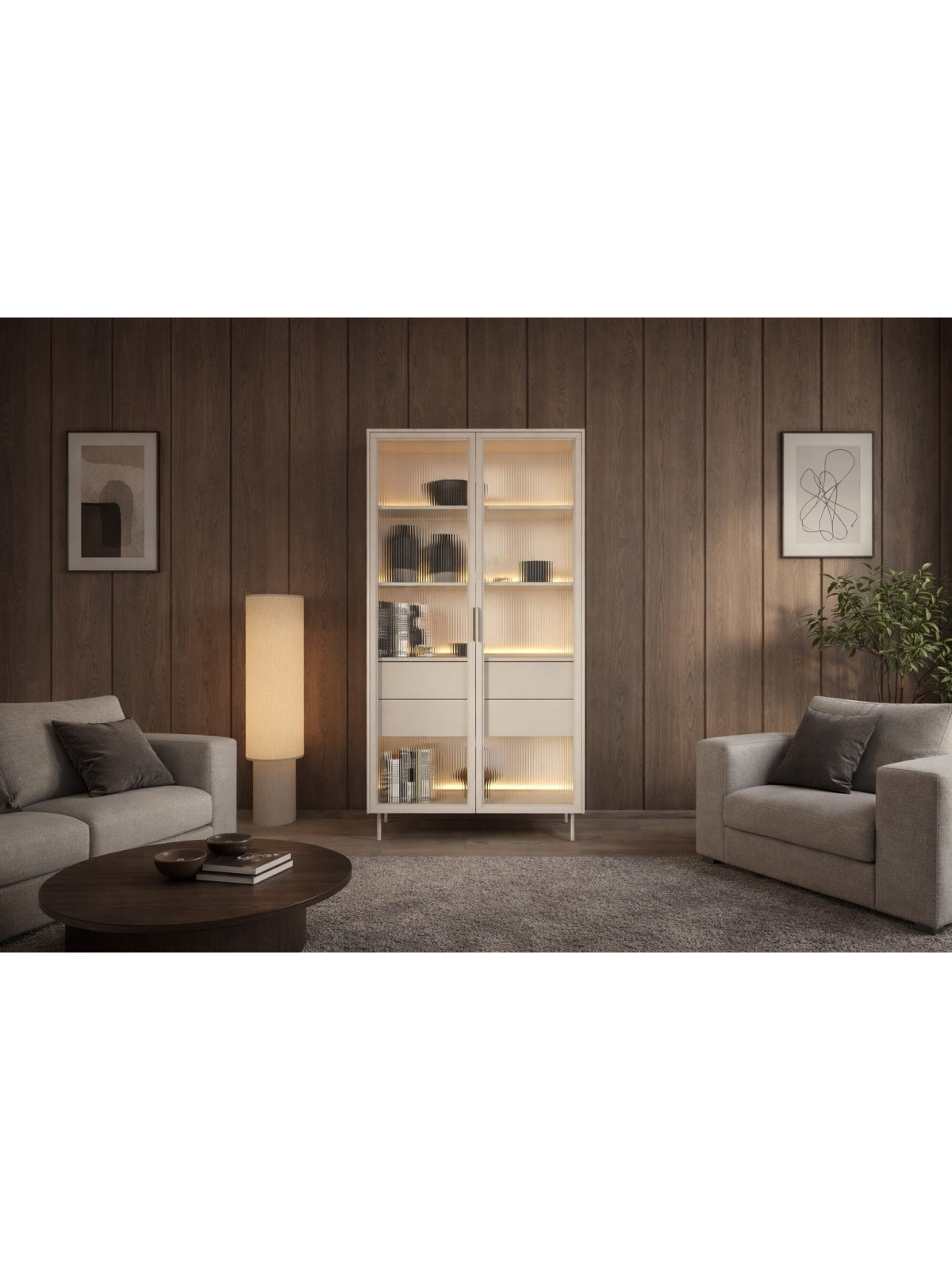 Vitrină înaltă Auri 91 cm culoare cașmir cu iluminare LED și fronturi din sticlă