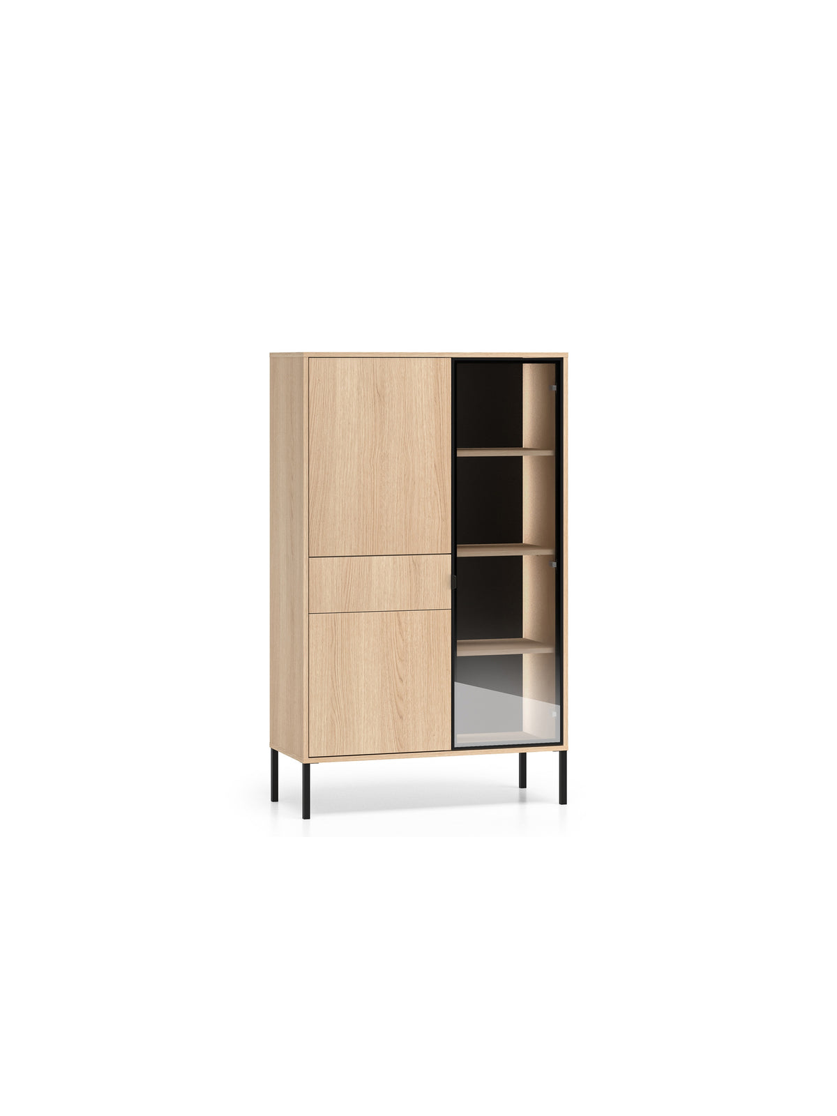 Vitrină înaltă Harmona 92 cm cu sertar, picioare negre, decor stejar lindberg