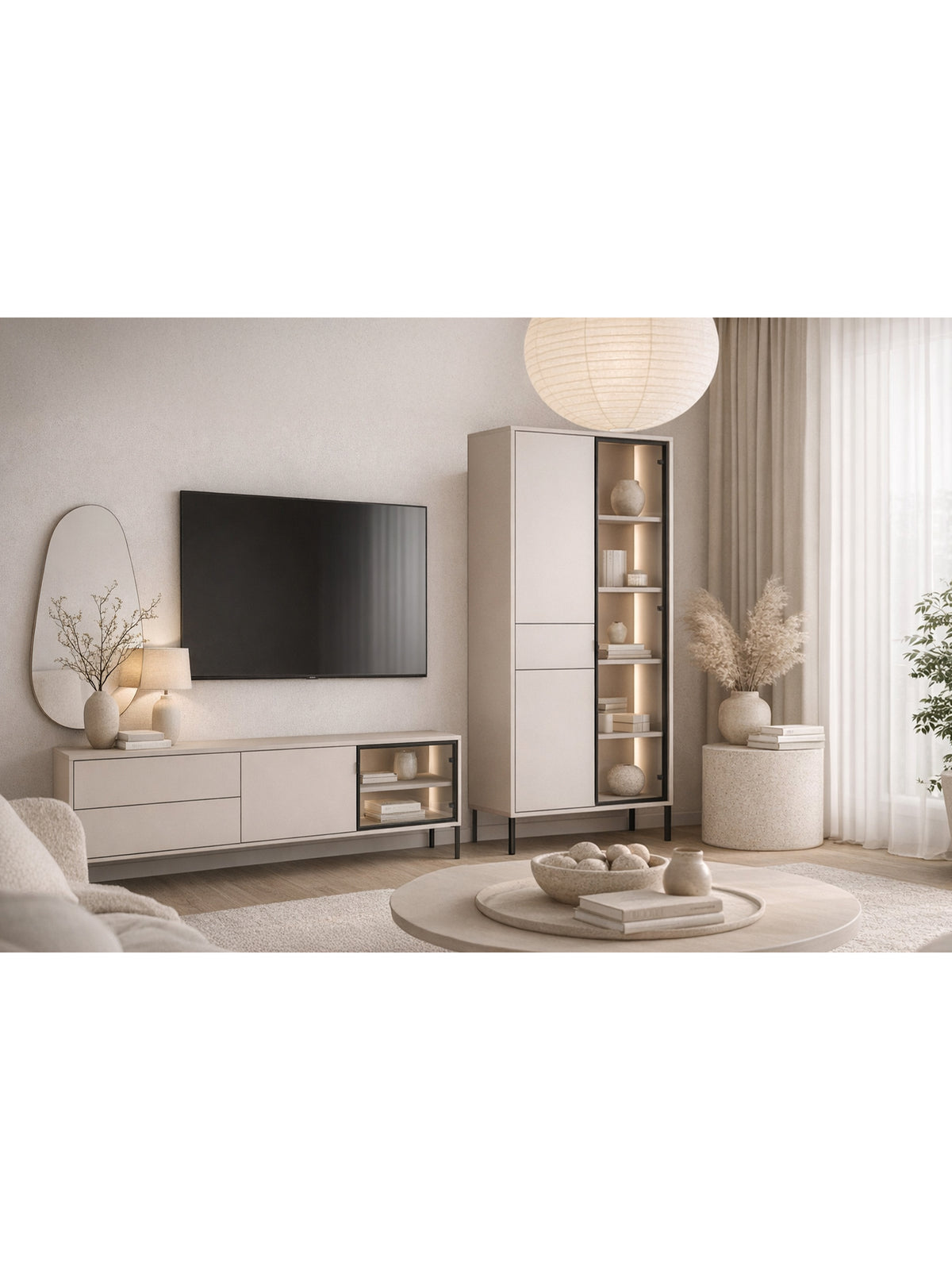 Vitrină înaltă Harmona 92 cm casmir cu iluminare LED și picioare negre