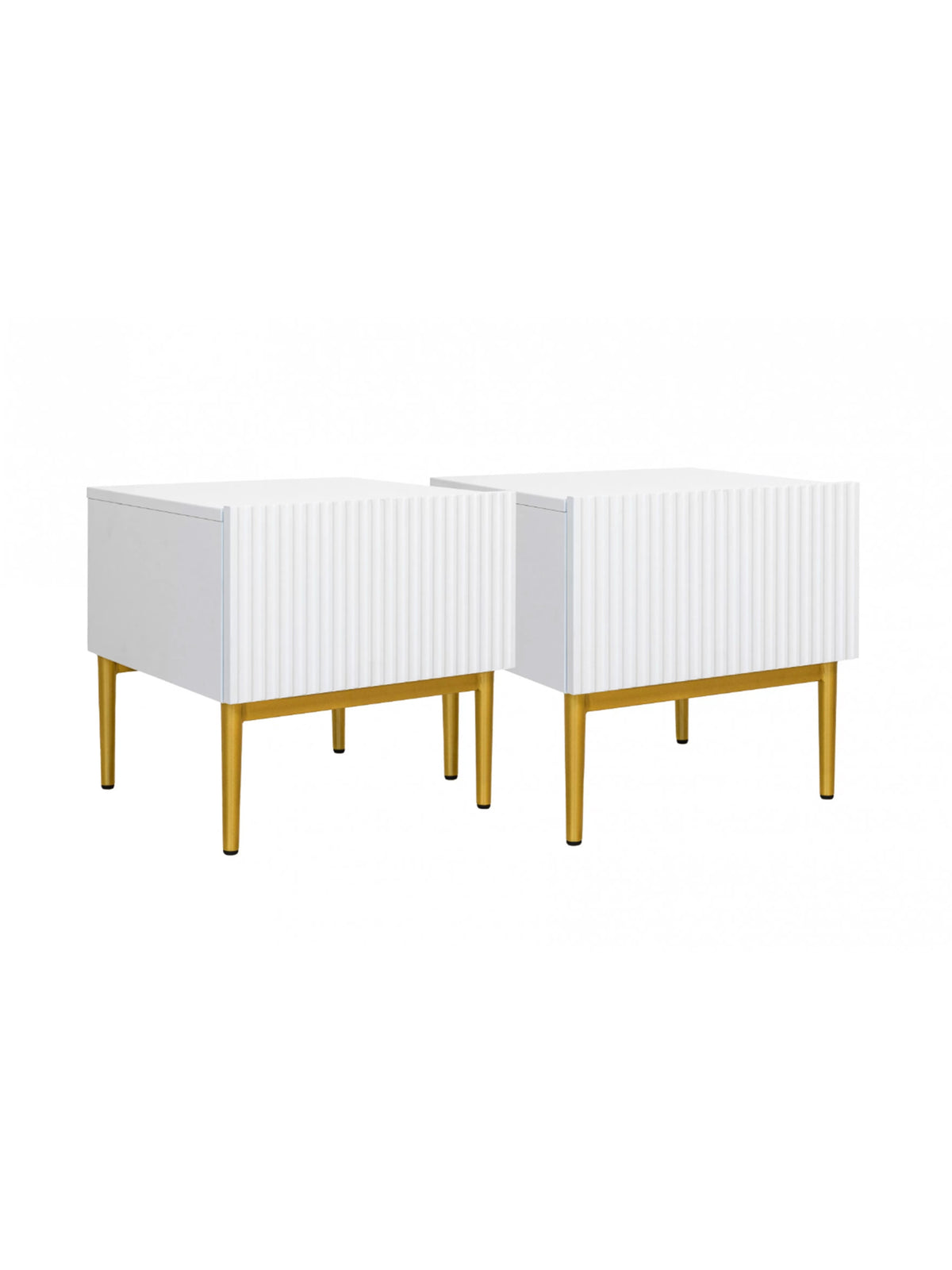 Set 2 noptiere Nicole alb mat cu front striat și picioare metalice aurii