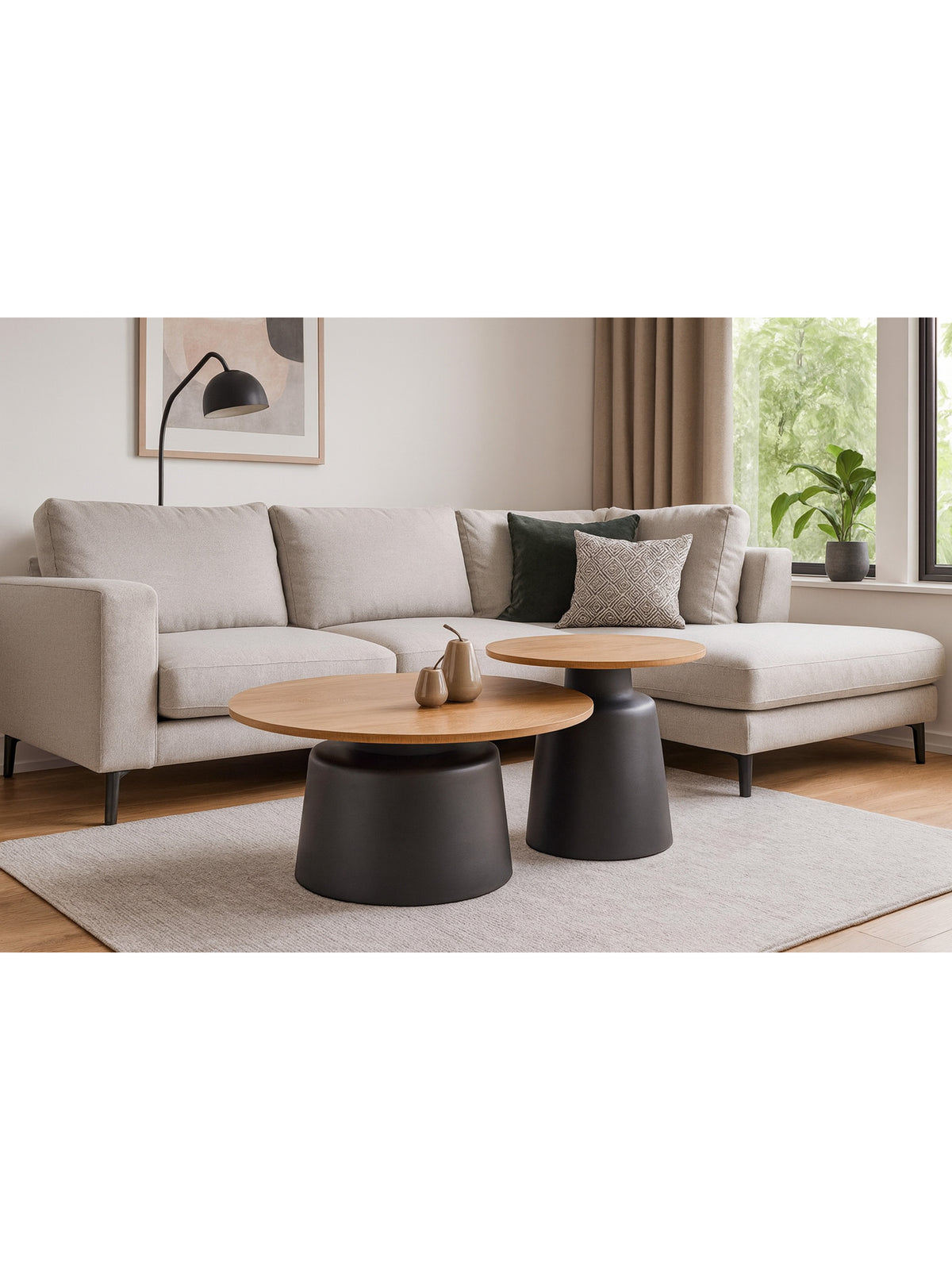 Set mese de cafea rotunde Mokaro blat natural și cadru metalic negru