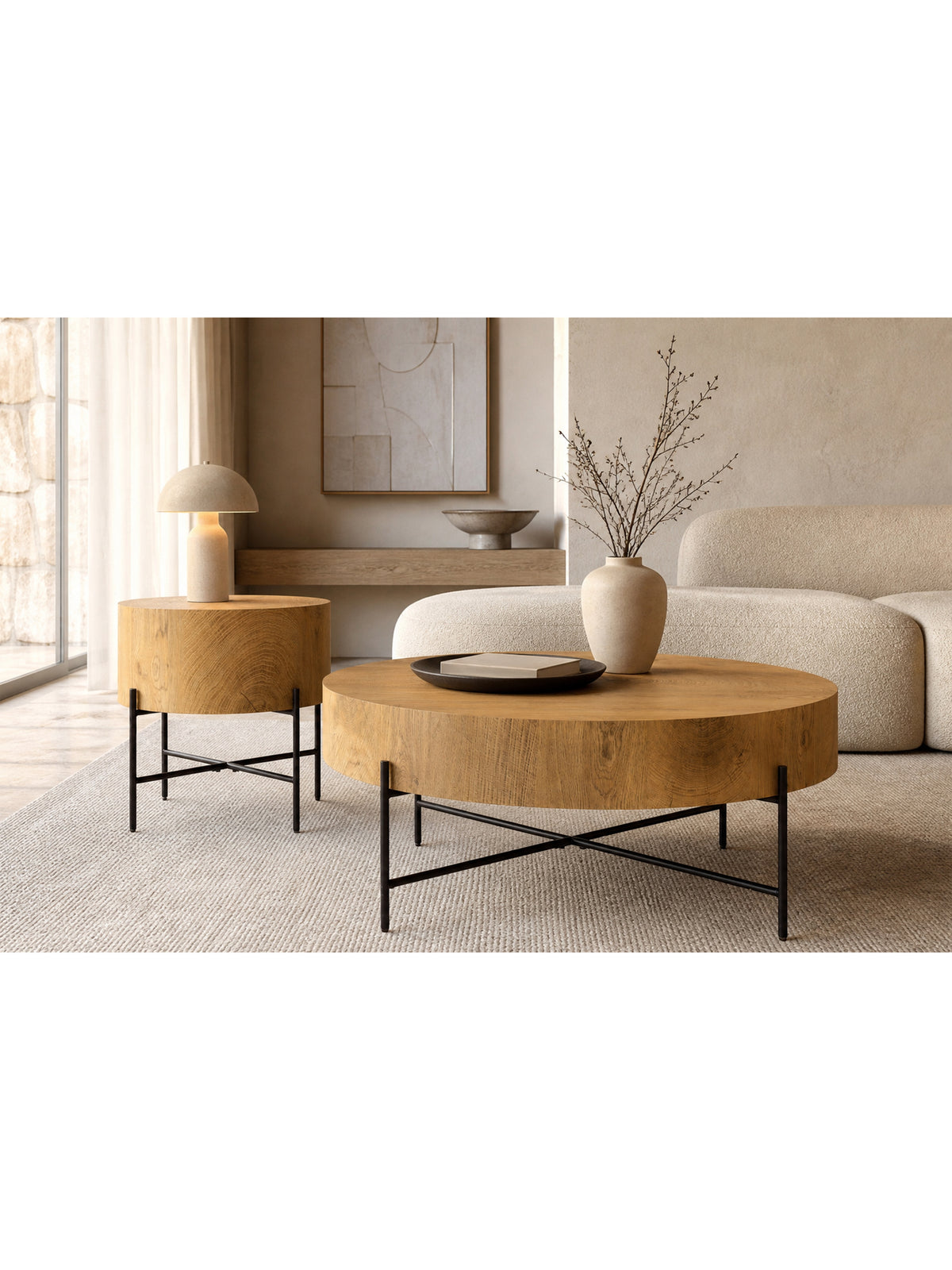 Set două măsuțe rotunde Liviano 80 și 45 cm blat stejar natural picioare negre