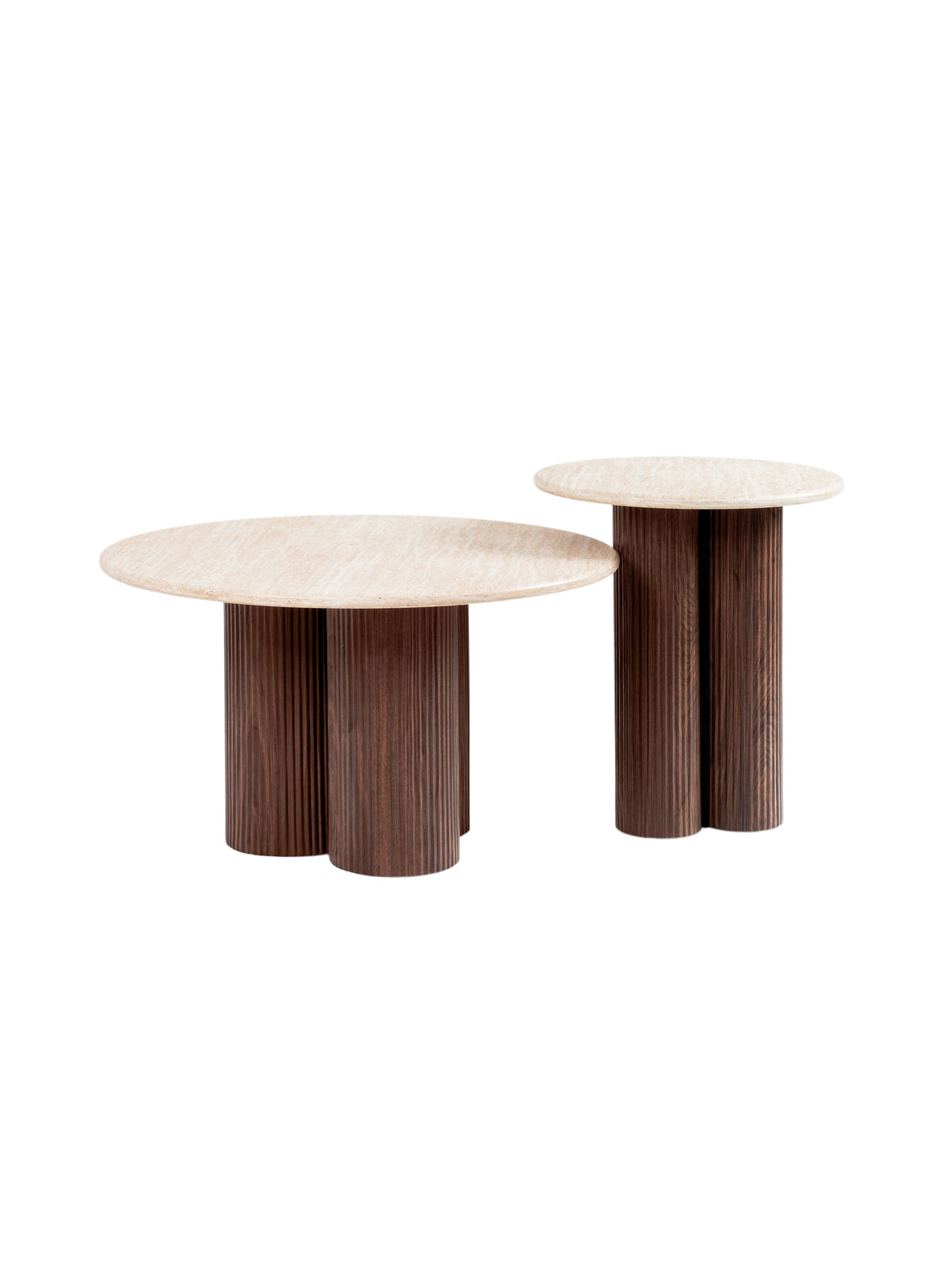 Set mese de cafea rotunde Massia 80 și 50 cm cu blat travertin și picioare culoare nuc