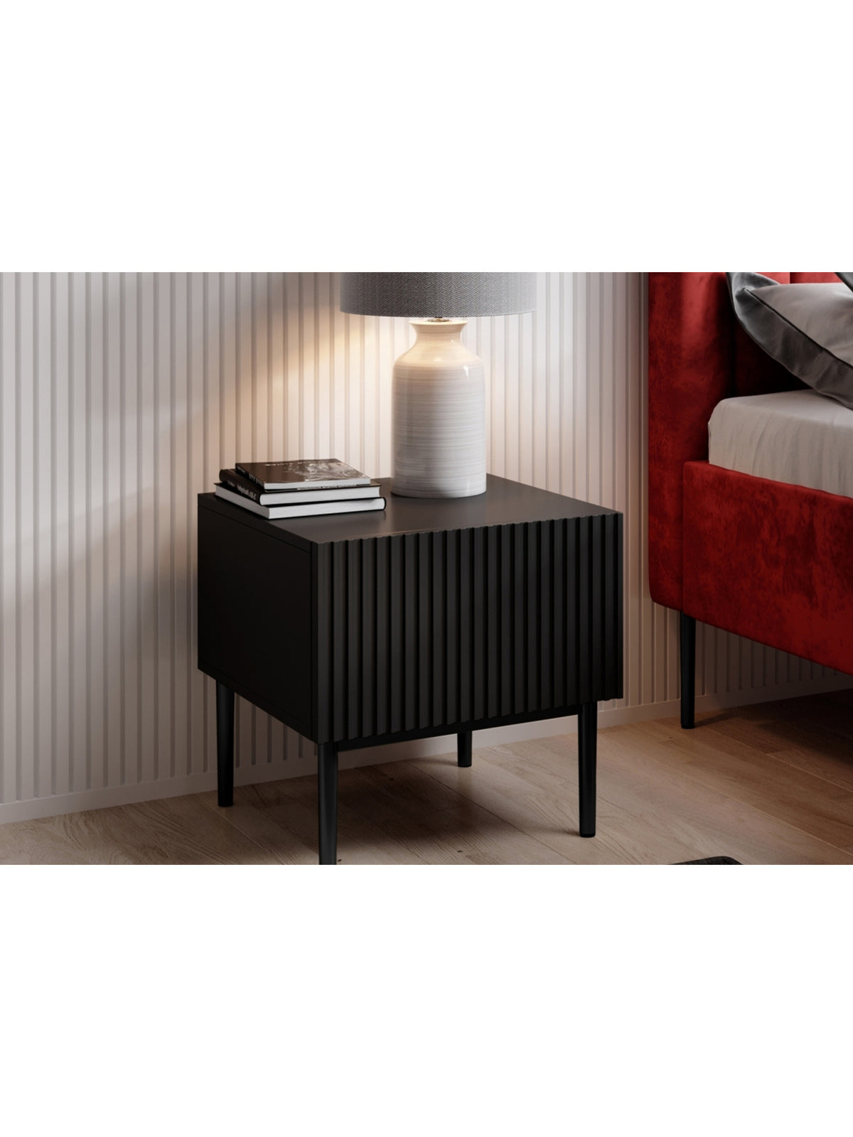 Set noptiere Nicole 46 cm negru mat front cu caneluri picioare negre