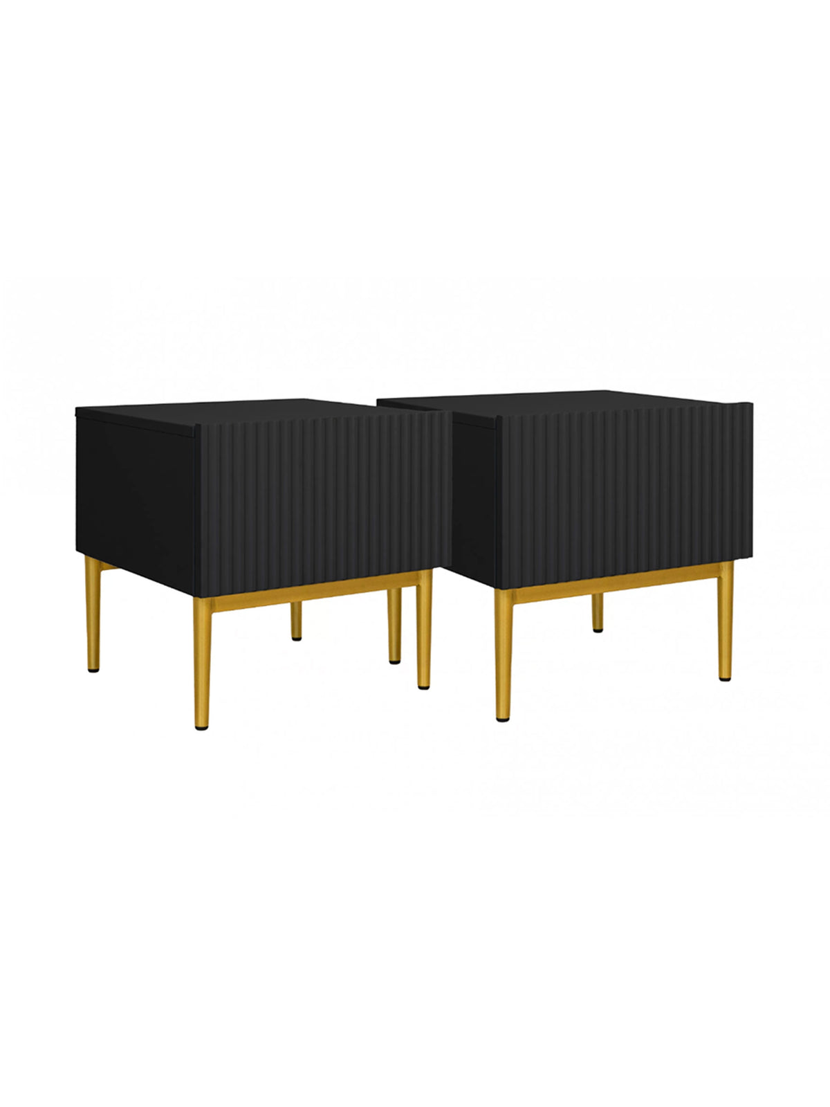 Set de două noptiere negre Nicole 46 cm cu fronturi canelate și picioare aurii