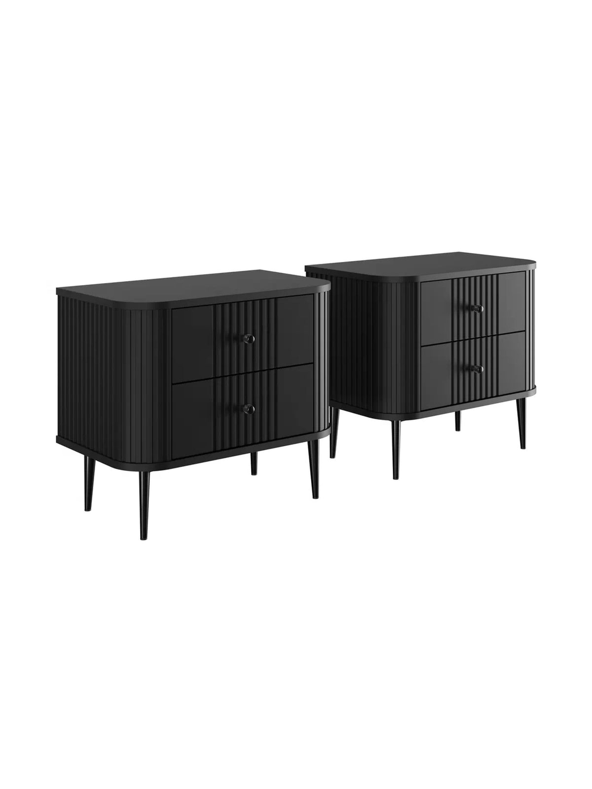 Set de noptiere Vesper 56 cm negru mat, cu fronturi striate și picioare negre