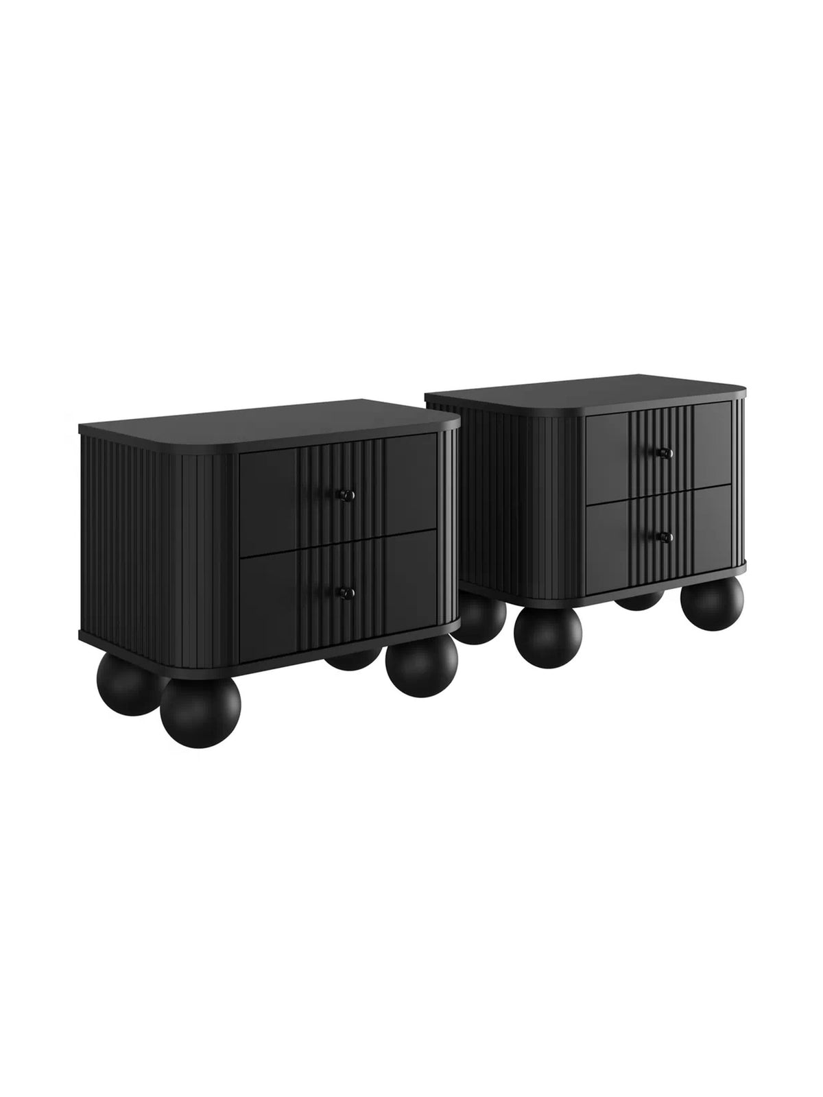 Set de 2 noptiere negre Vesper 56 cm cu fronturi striate și picioare sferice