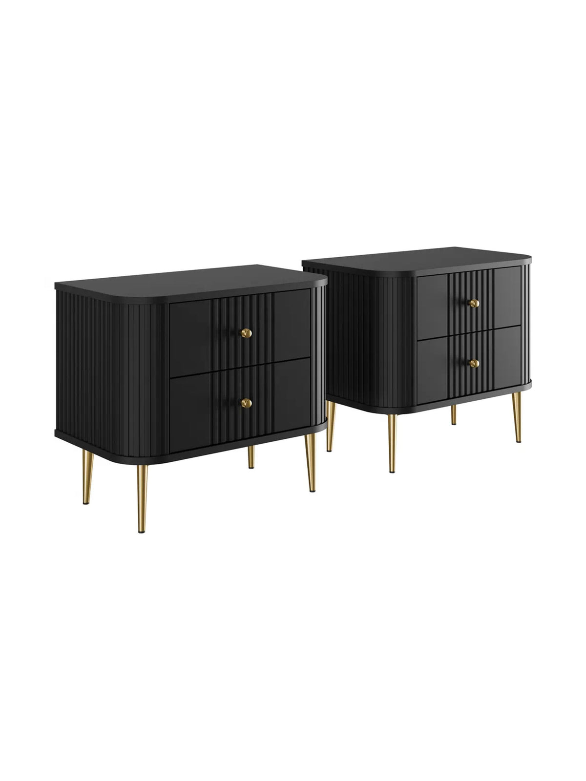 Set 2 noptiere negre Vesper 56 cm cu fronturi striate și picioare aurii