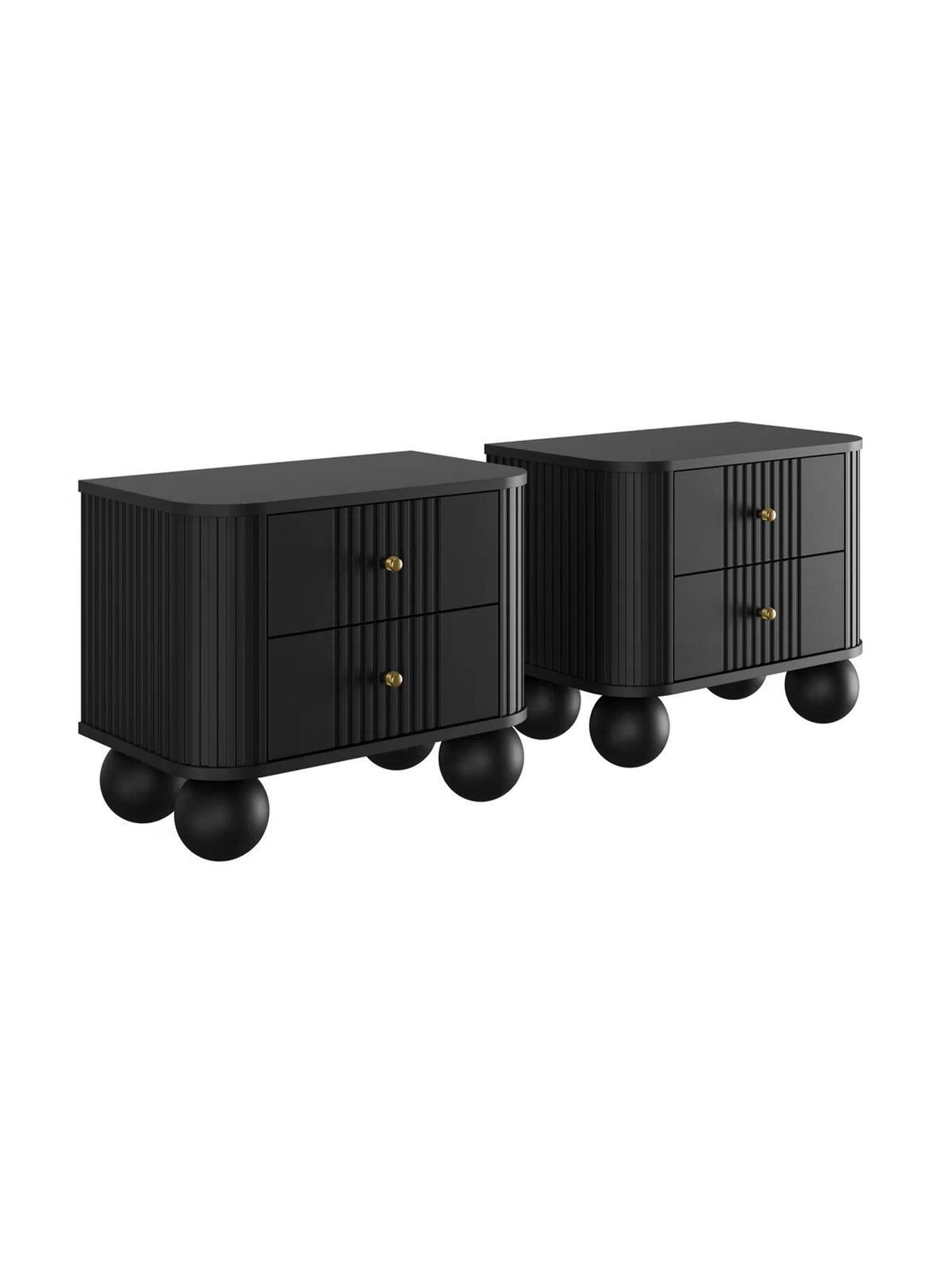 Set 2 noptiere negre Vesper 56 cm cu fronturi canelate și mânere aurii pe picioare rotunde