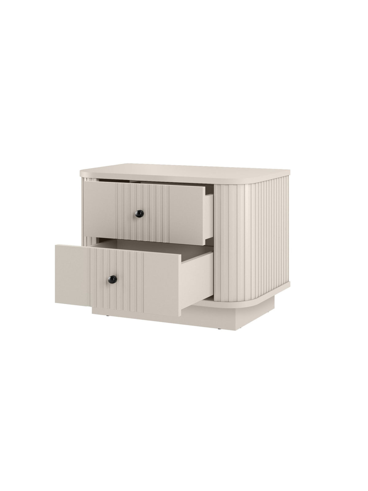 Set noptiere Vesper 56 cm casmir cu mânere negre, fronturi rigate, sertare deschise