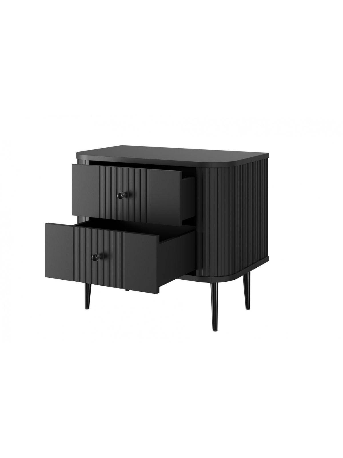 Set noptieră Vesper 56 cm neagră cu fronturi canelate și picioare metalice