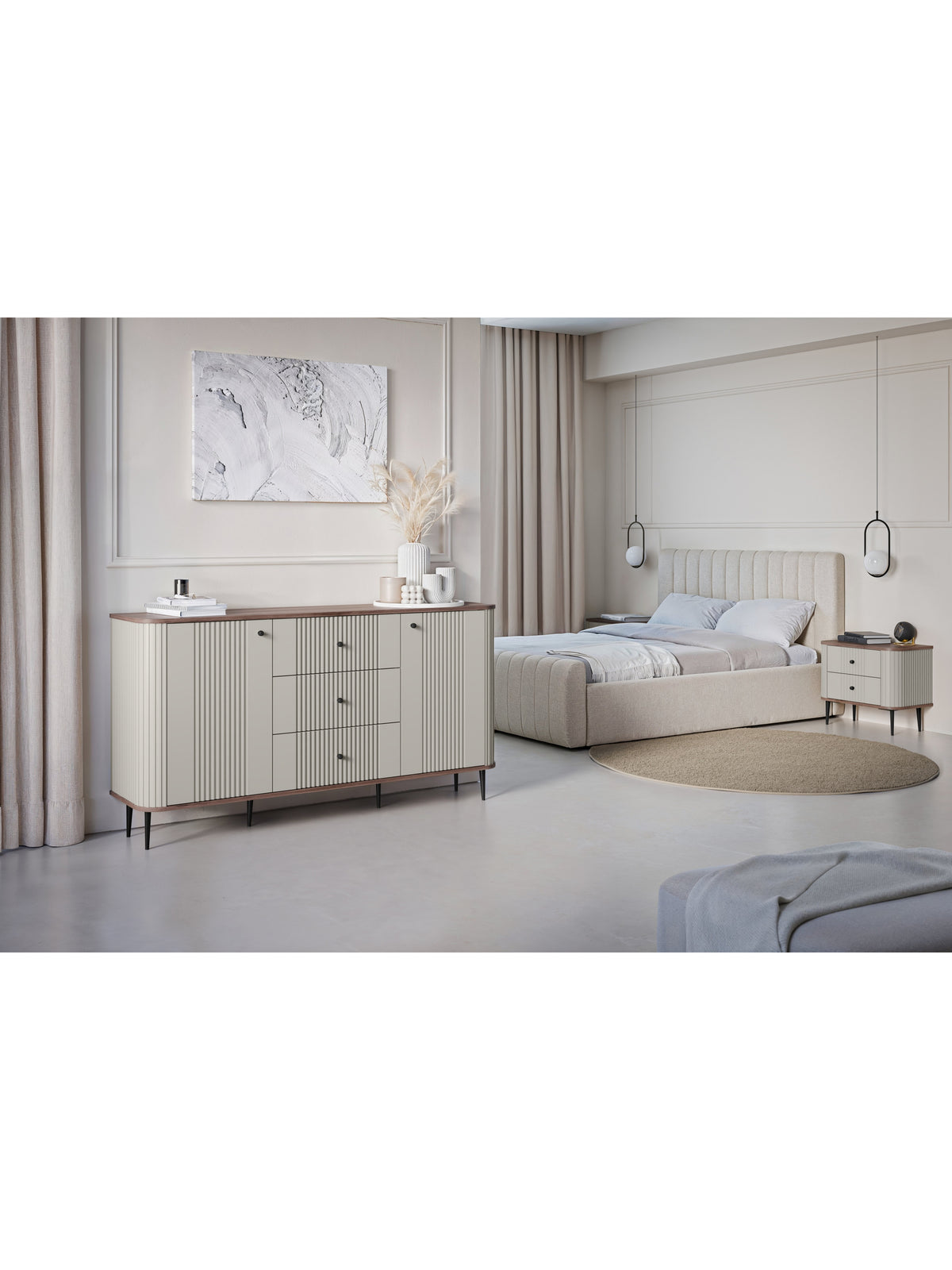 Set noptiere Vesper 56 cm casmir cu blat nuc și picioare negre, vedere laterală