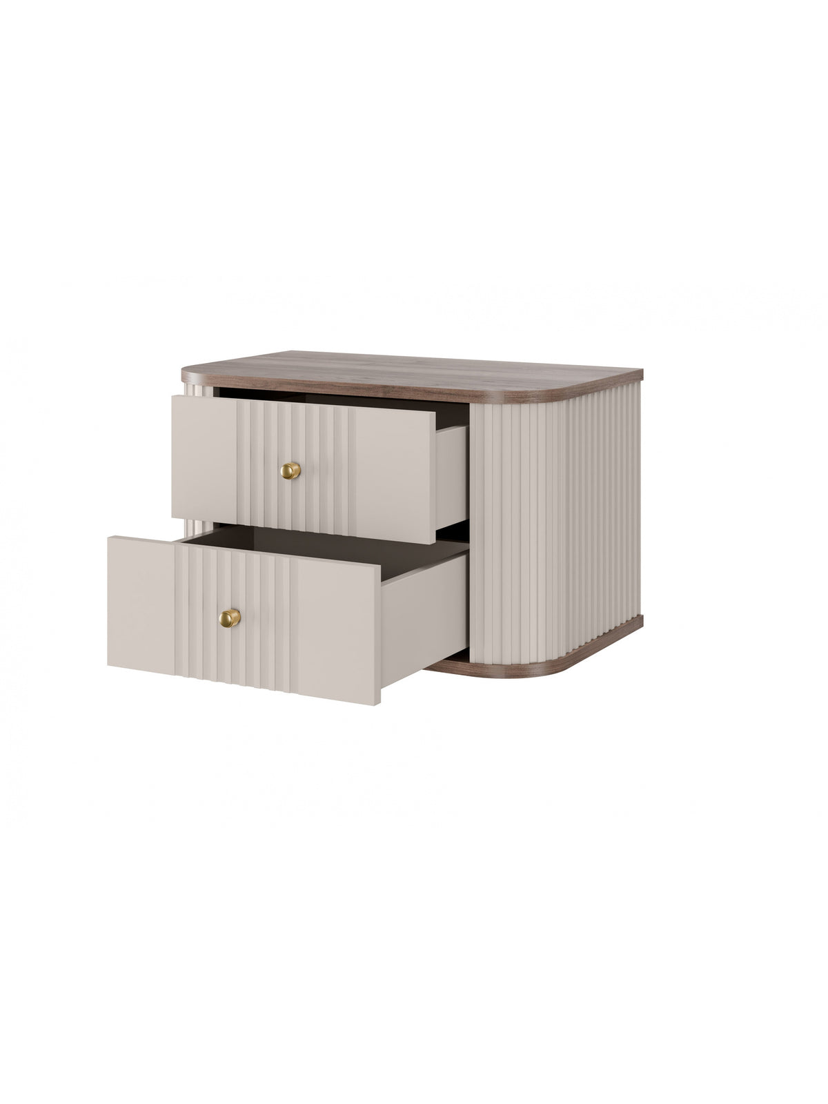 Set noptieră suspendată Vesper 56 cm culoare kasmir cu fațade nervurate și mânere aurii, vedere frontală cu sertare deschise