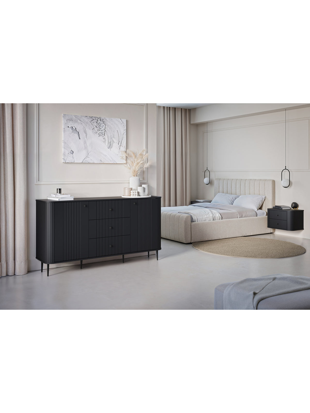 Set de noptiere suspendate Vesper 56 cm negru mat cu mânere negre