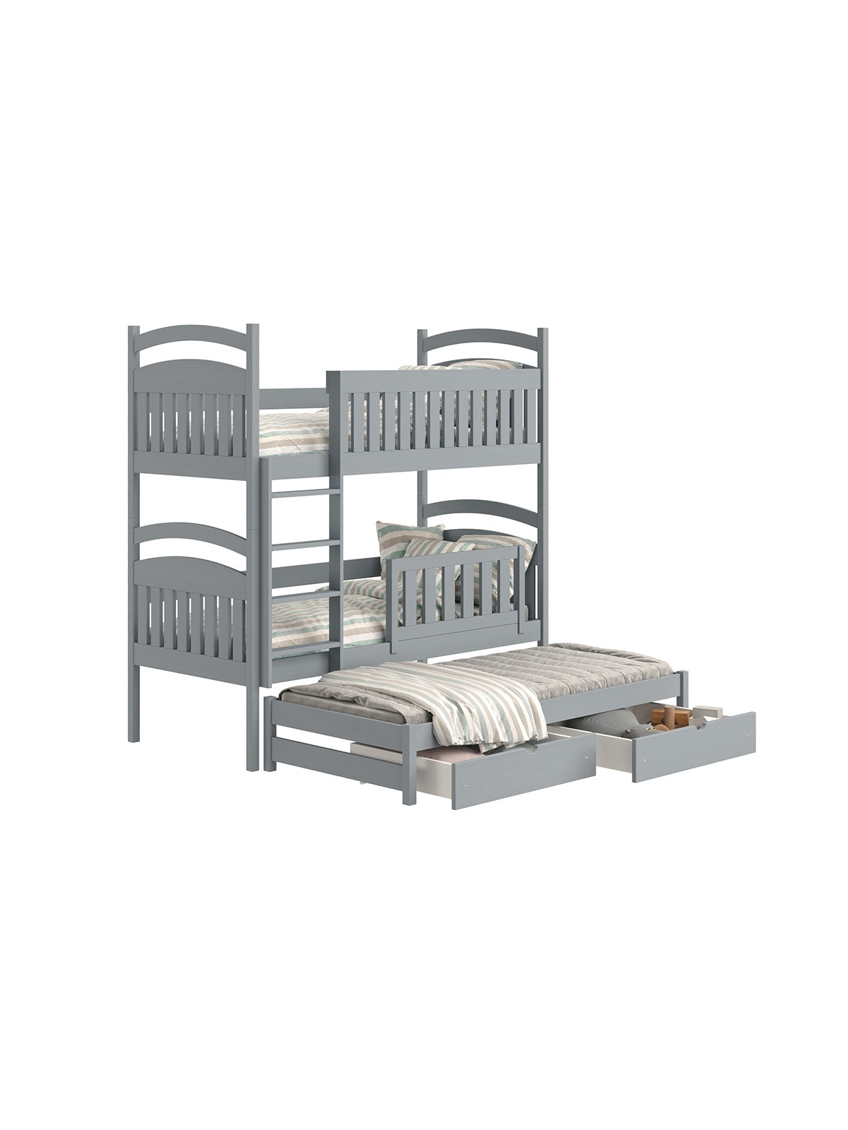 Łóżko piętrowe Amely 80x200 szare z wysuwaną dolną częścią i szufladami