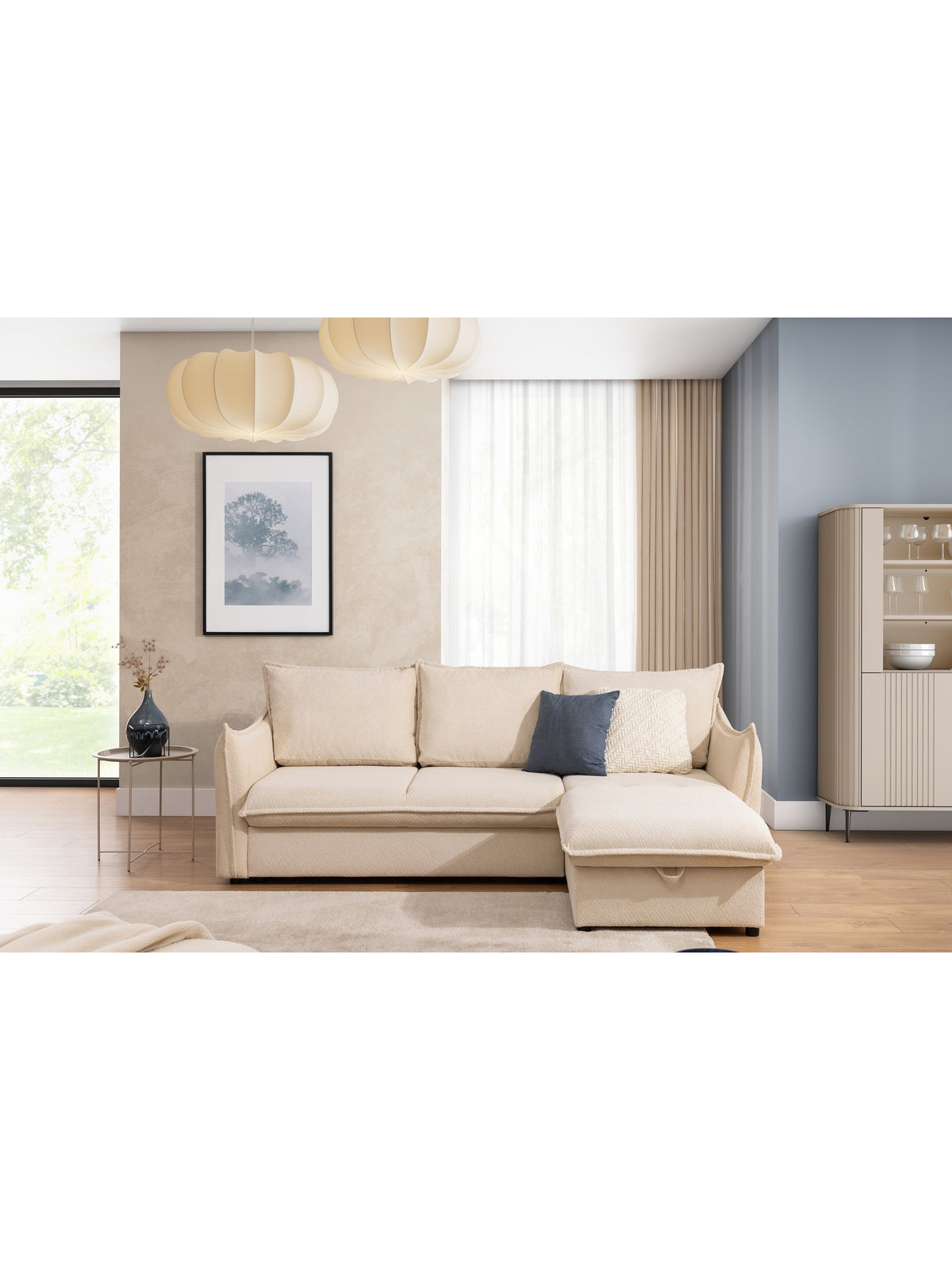 Colțar Liliamo cu funcție de dormit, partea dreaptă, material textil, bej