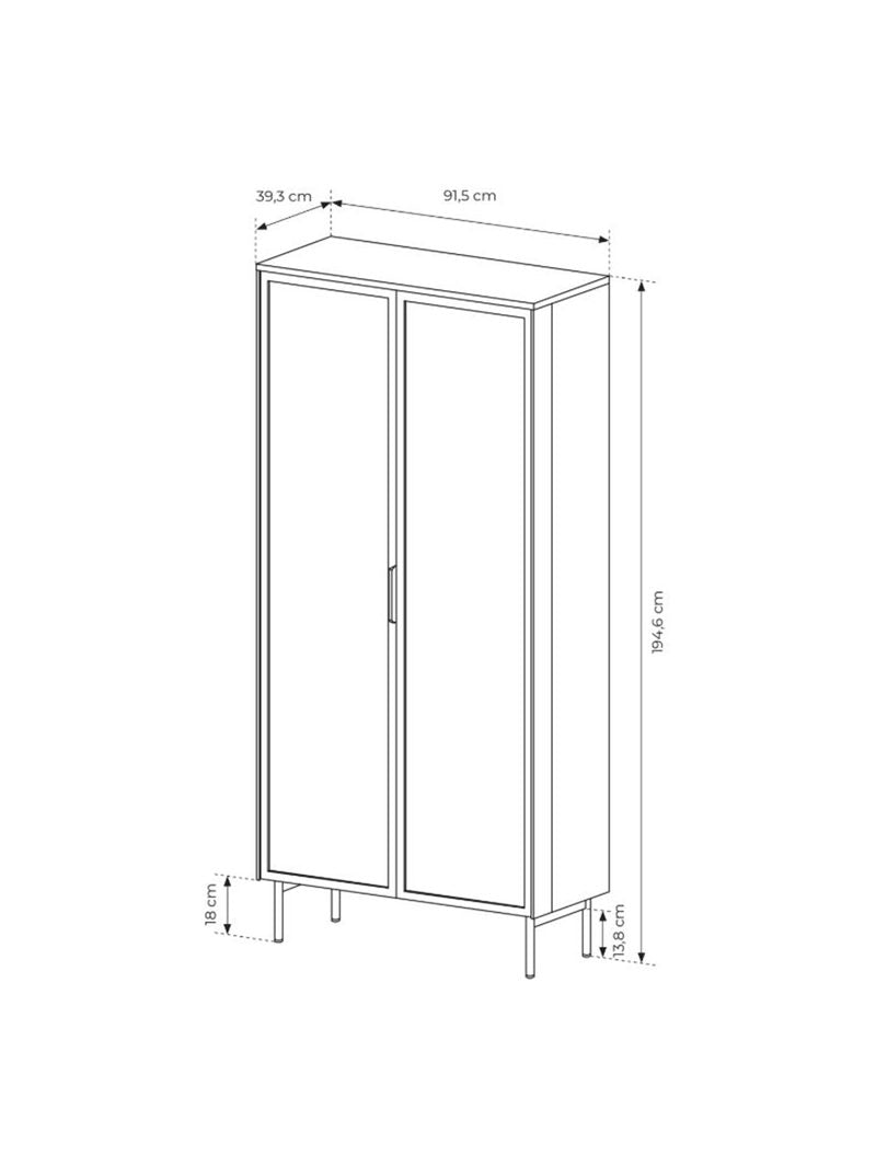 Vitrină înaltă Auri 91 cm cu iluminare LED, stejar dunin și picioare metalice negre, vedere frontală