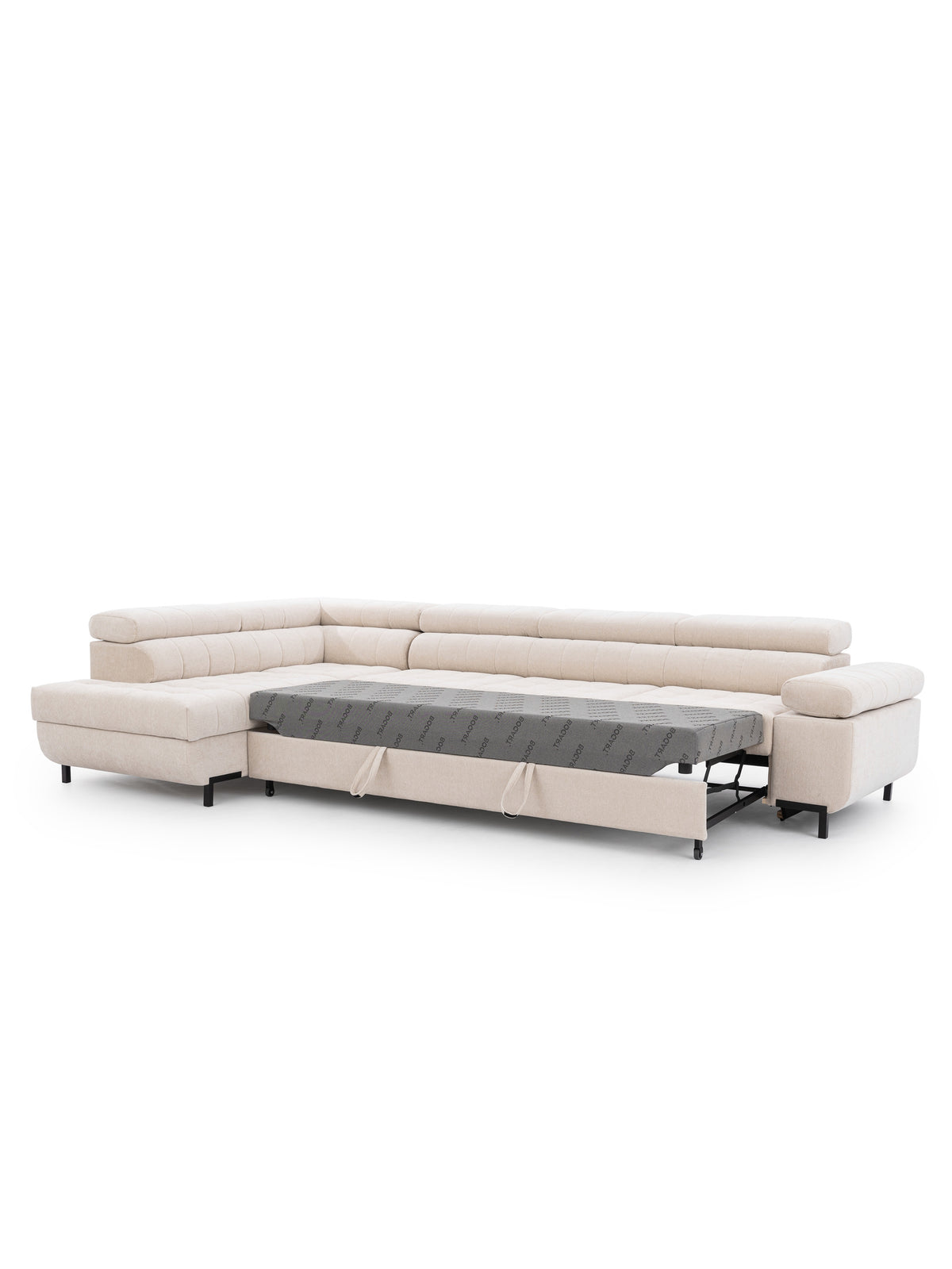 Colțar Tyrion Maxi stânga bej cu material din szenil Ditra New 20, funcție de dormit și parte extensibilă