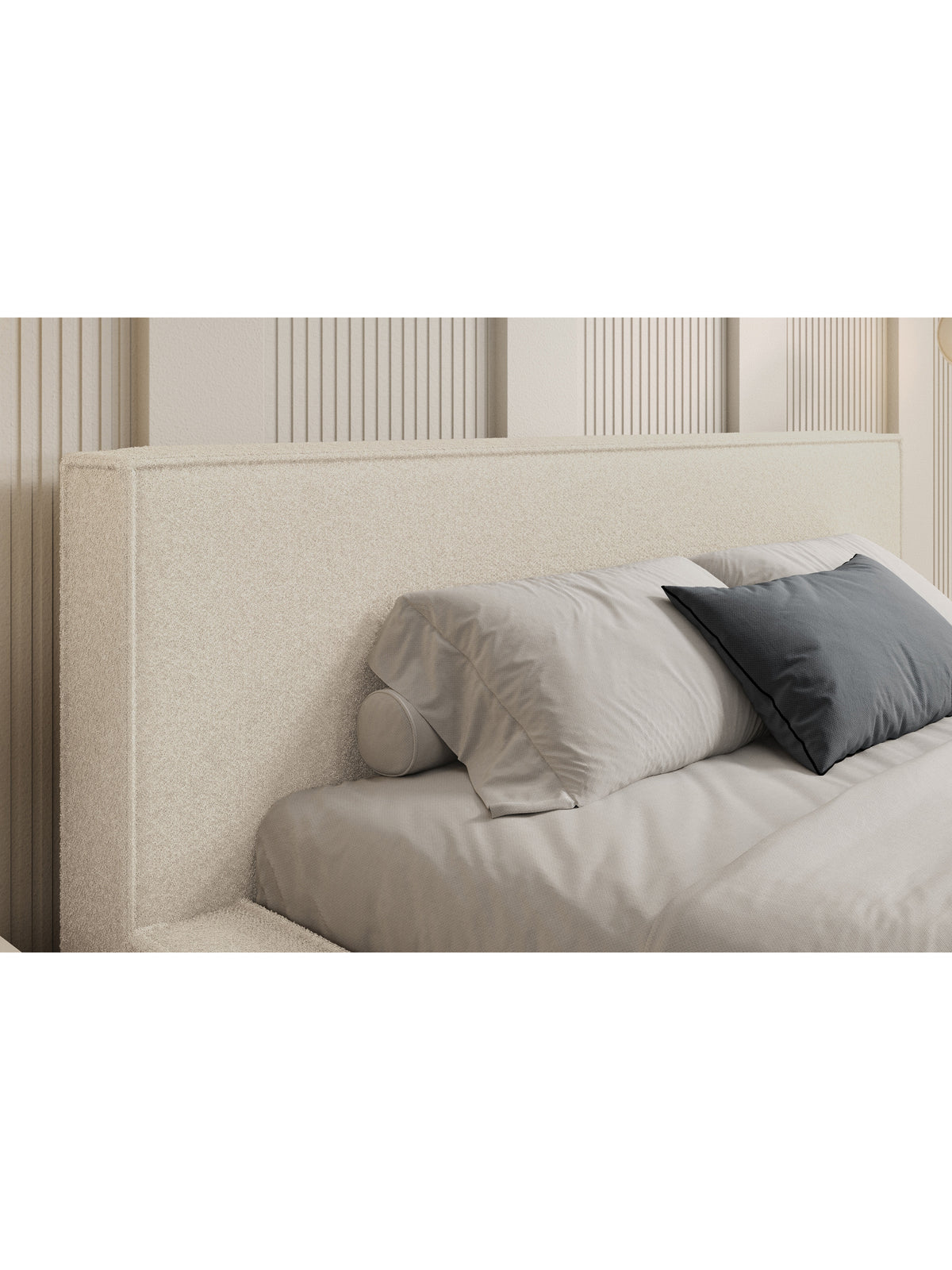 Pat tapițat Nirello 180x200 bej, detaliu tăblie și perne