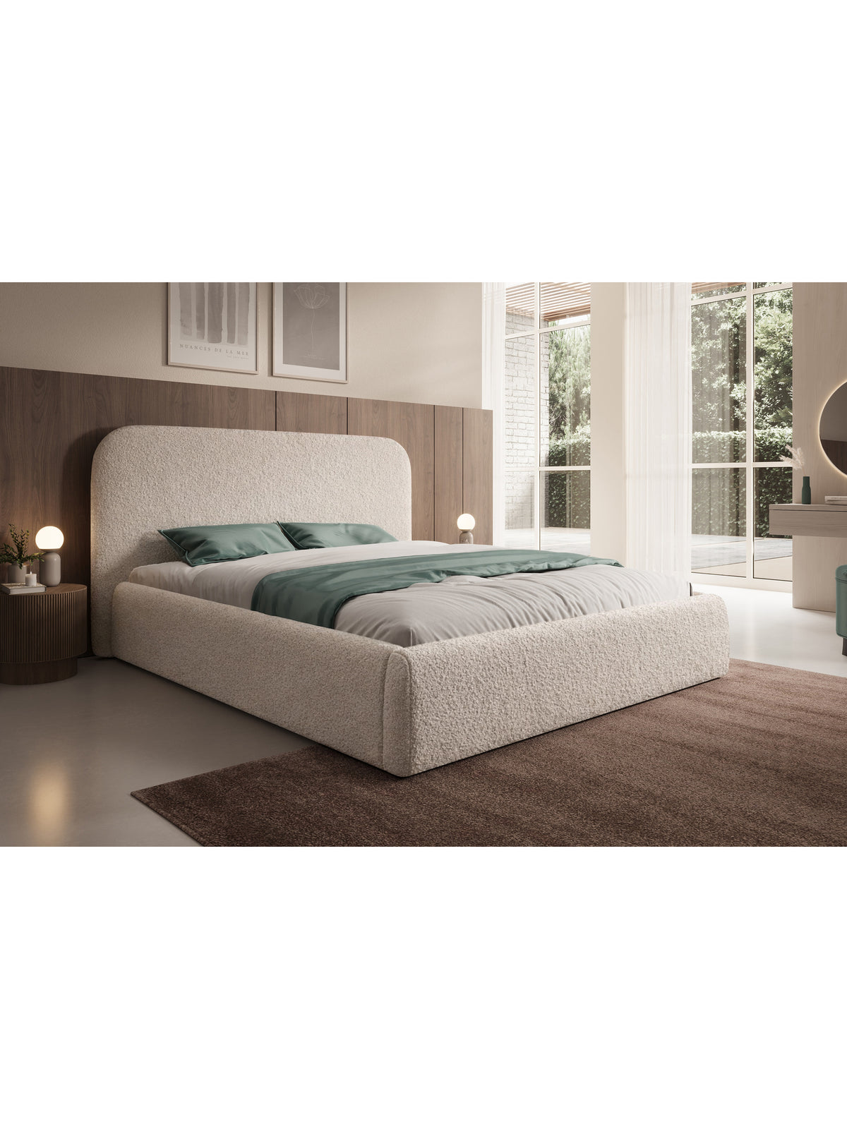 Pat tapițat Rasel 180x200 în bouclé deschis cu tăblie înaltă
