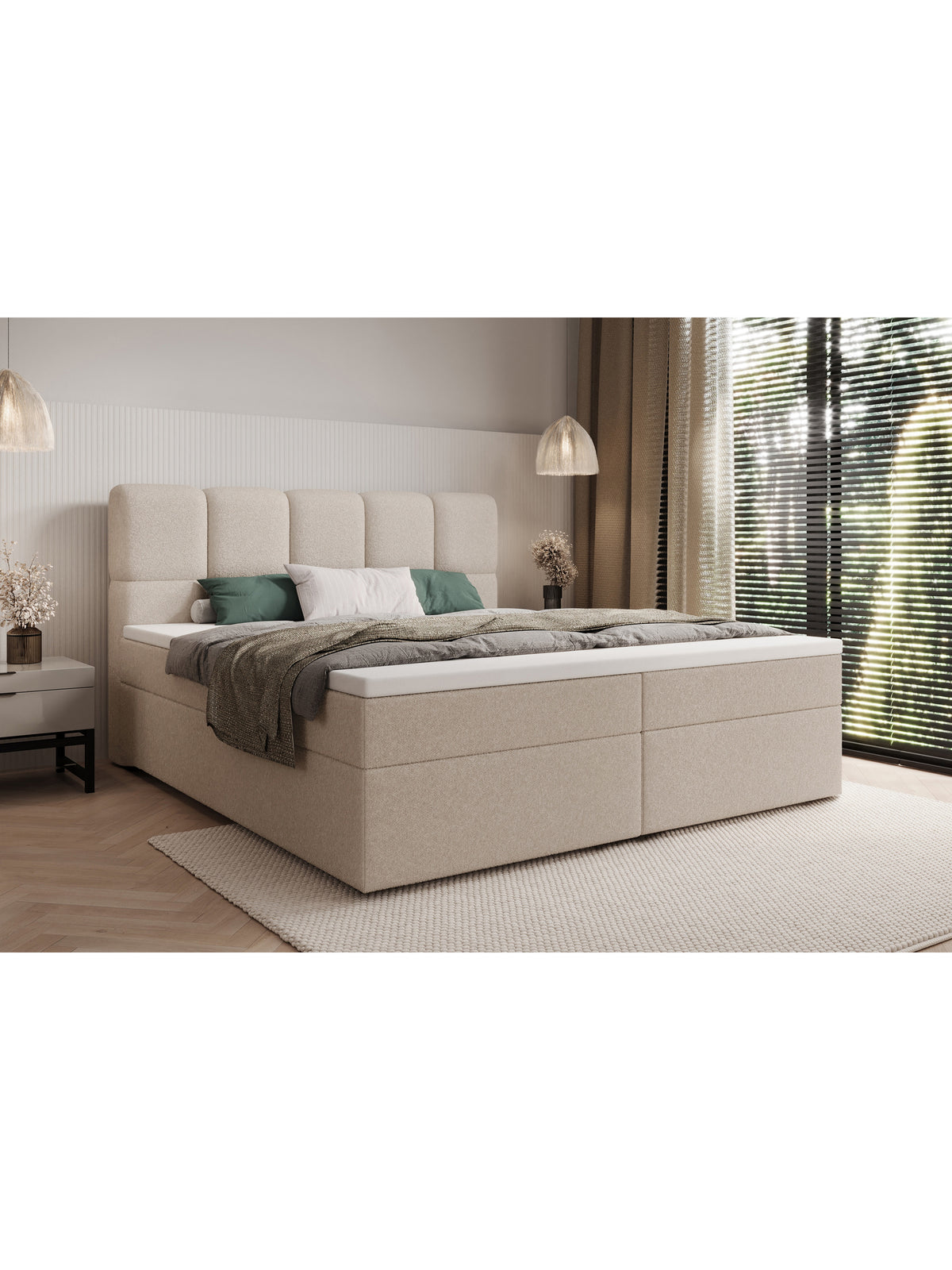 Pat continental Carello 160x200 deschis, cu spații de depozitare și tăblie matlasată