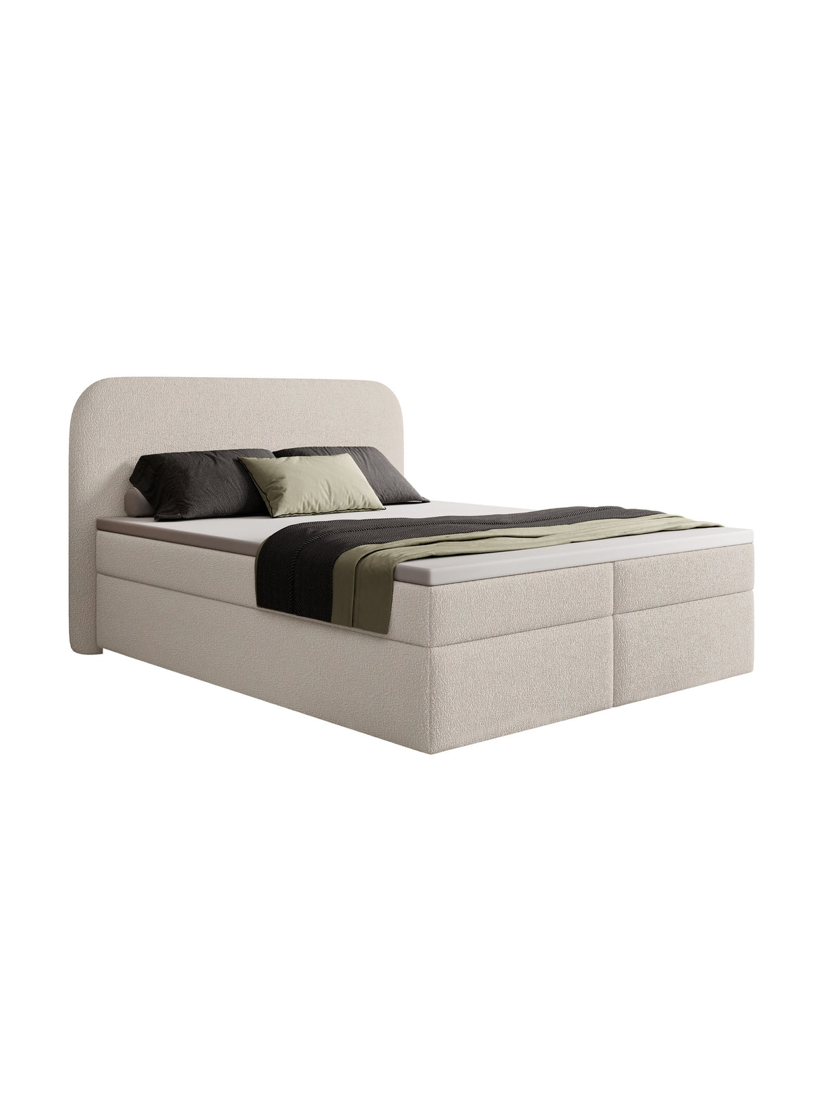 Pat continental Eleris 160x200 din material bouclé, cu două cutii de depozitare și picioare argintii