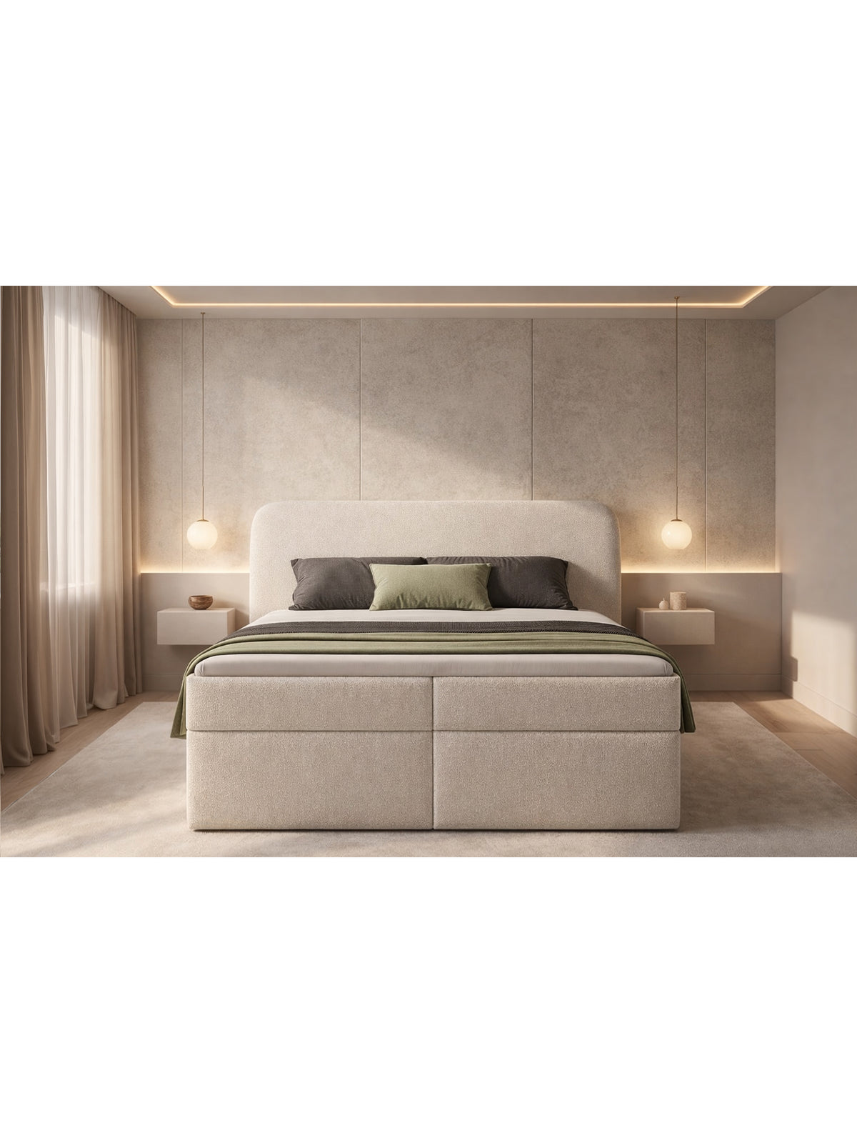 Pat continental Eleris 180x200 în țesătură bouclé, cu picioare argintii și spații de depozitare