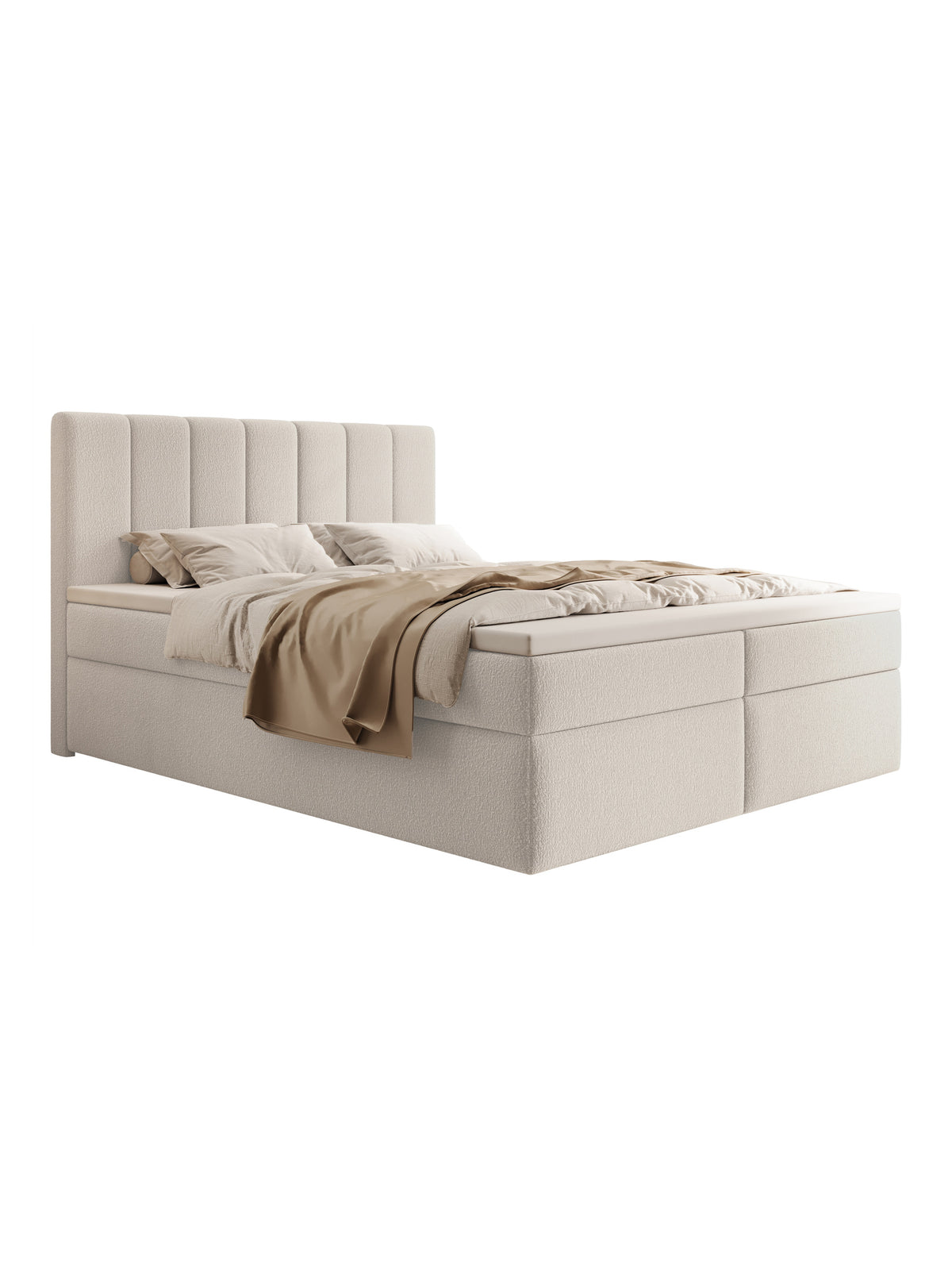 Pat continental Mareli 160x200, culoare deschisă, cu spații de depozitare și tăblie capitonată