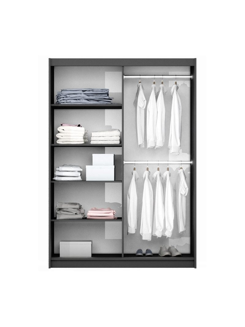 Dulap cu uși glisante Laris 150 cm negru cu oglindă și patru rafturi, design modern