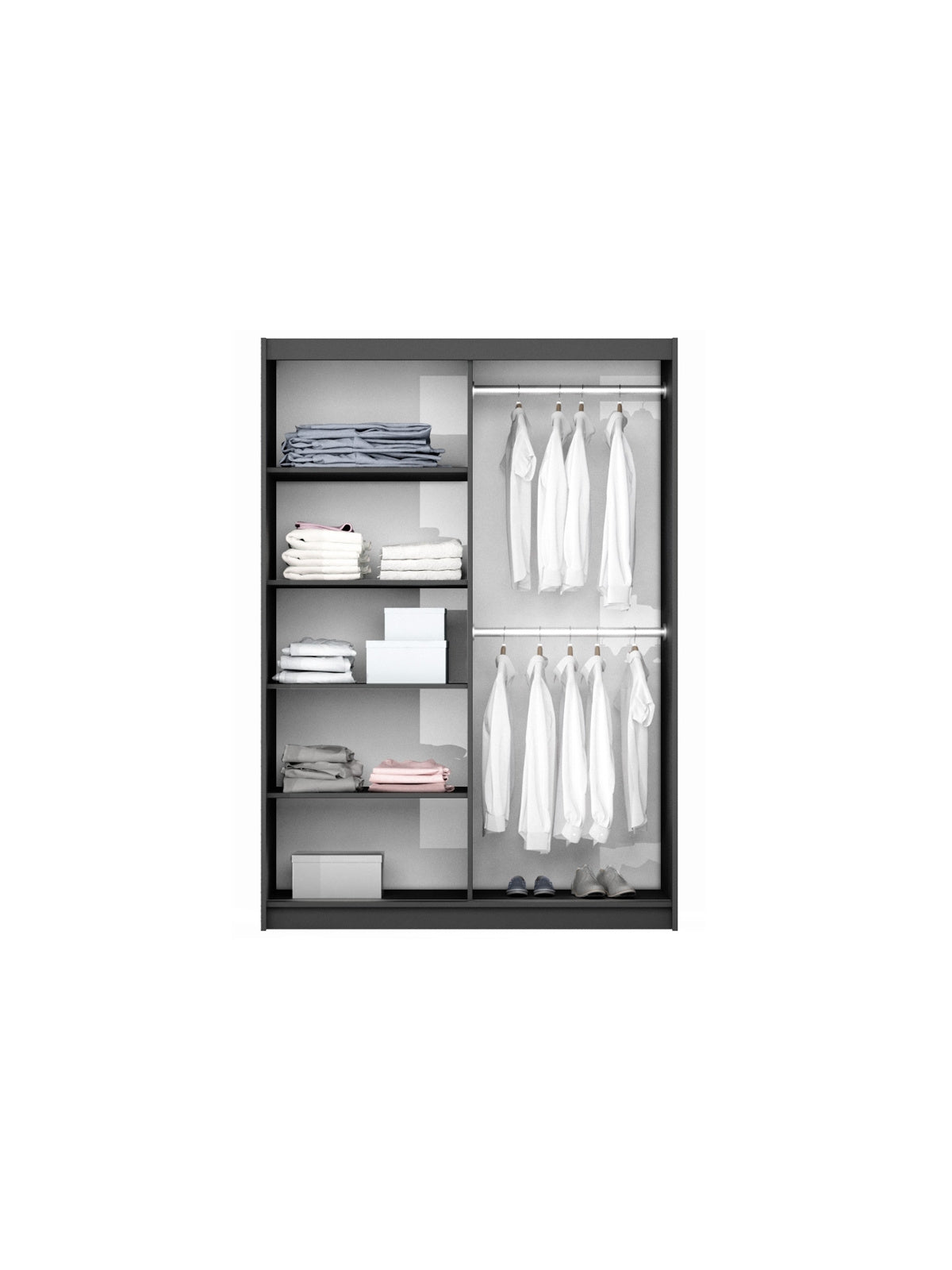 Dulap cu uși glisante Laris 150 cm negru cu oglindă și patru rafturi, design modern