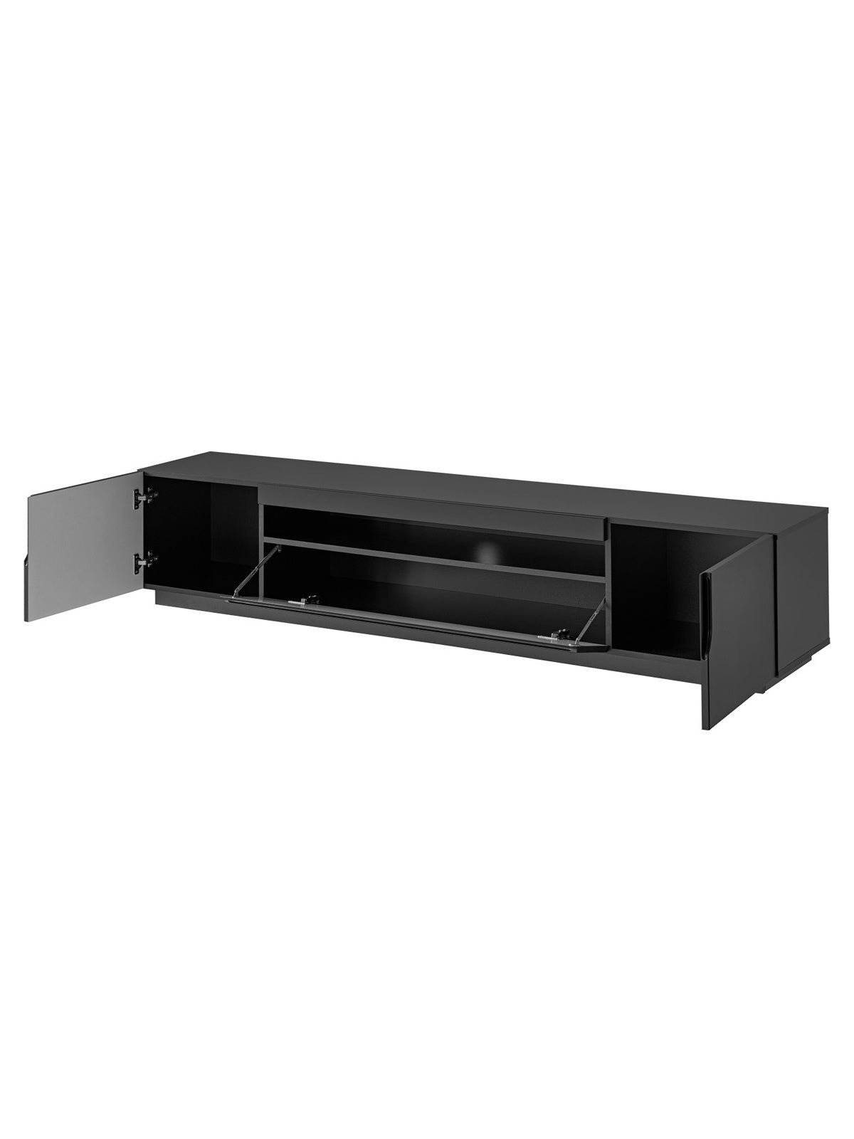 Comodă TV Loftia 200 cm negru mat, cu două uși și nișă, ușile deschise