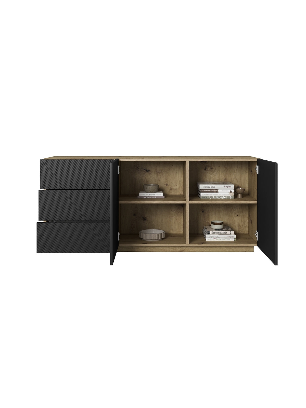 Comoda 167 cm  Asha - artizanal /Negru mat - interior cu echipament
