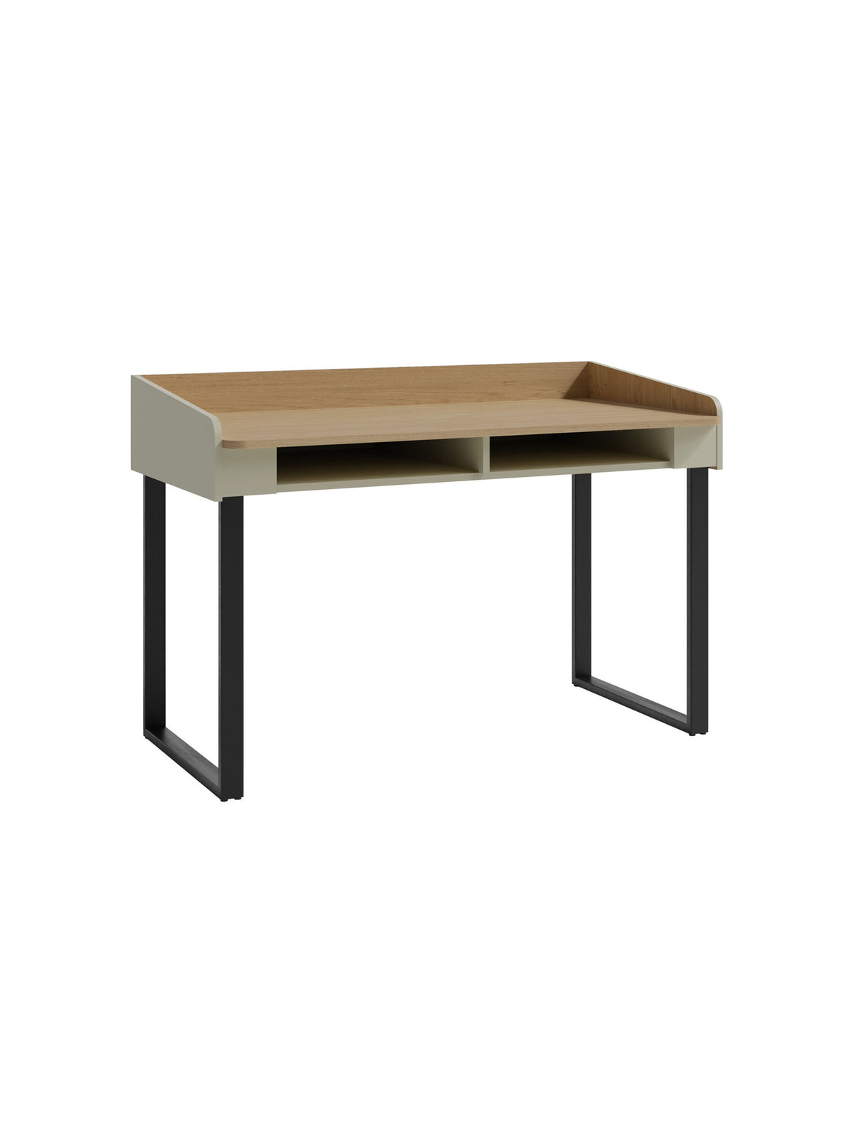 Birou Fiorenza 125 cm cu corp olive și front dąb baltic dune, două spații deschise, vedere frontală
