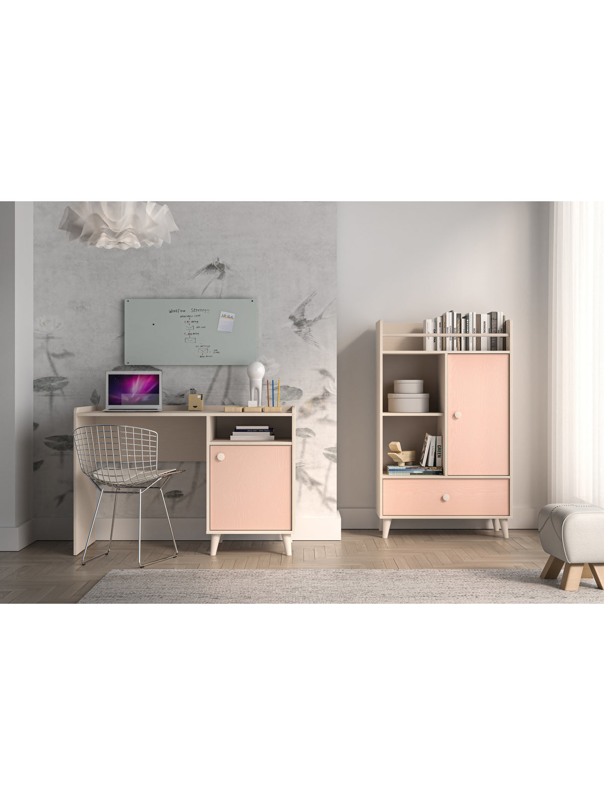 Birou pentru copii Marla 120 cm culoare nisip deșert cu front roz millenial pink, vedere laterală