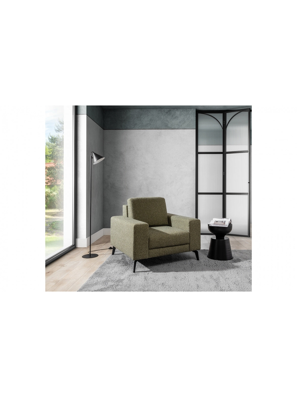 Fotoliu relax Elentio verde cu picioare metalice negre, vedere frontală