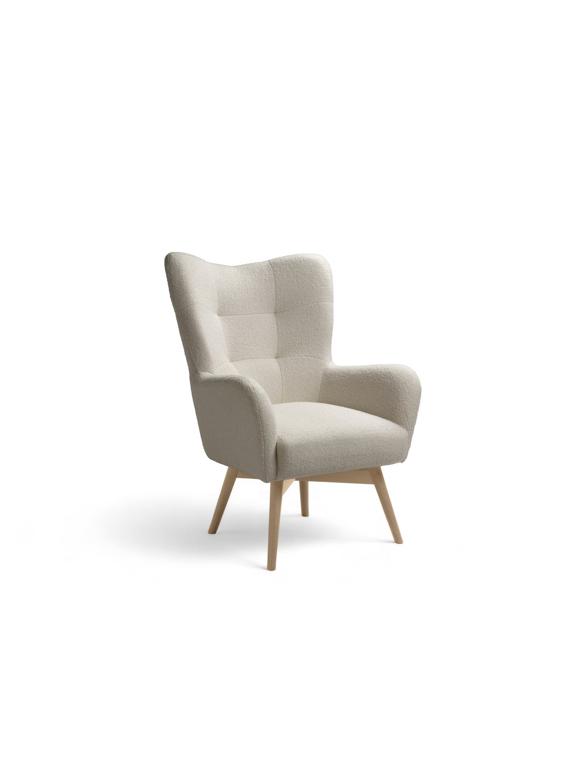 Fotoliu cu urechi Nordic stil scandinav, bej boucle Lambi 8 cu picioare din lemn de fag, vedere laterală