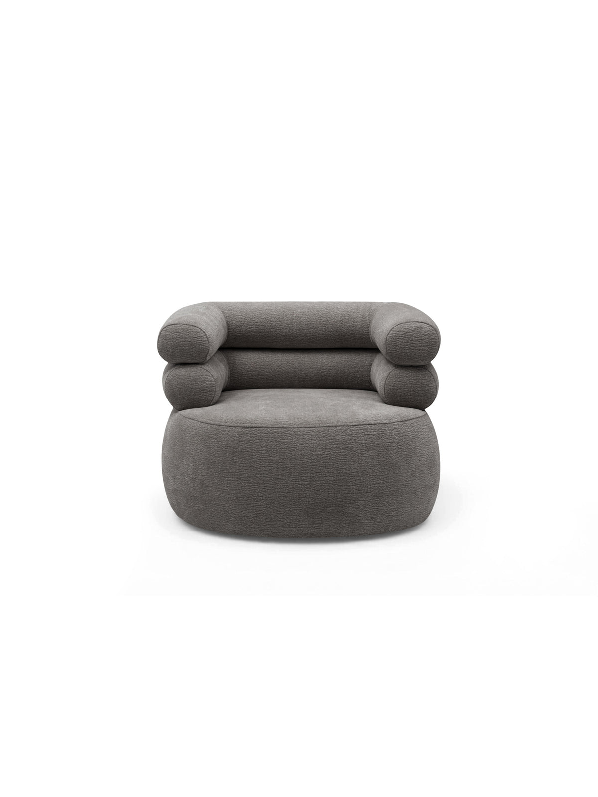 Fotoliu relaxant Melos rotativ tapitat cu chenilă gri, design modern.