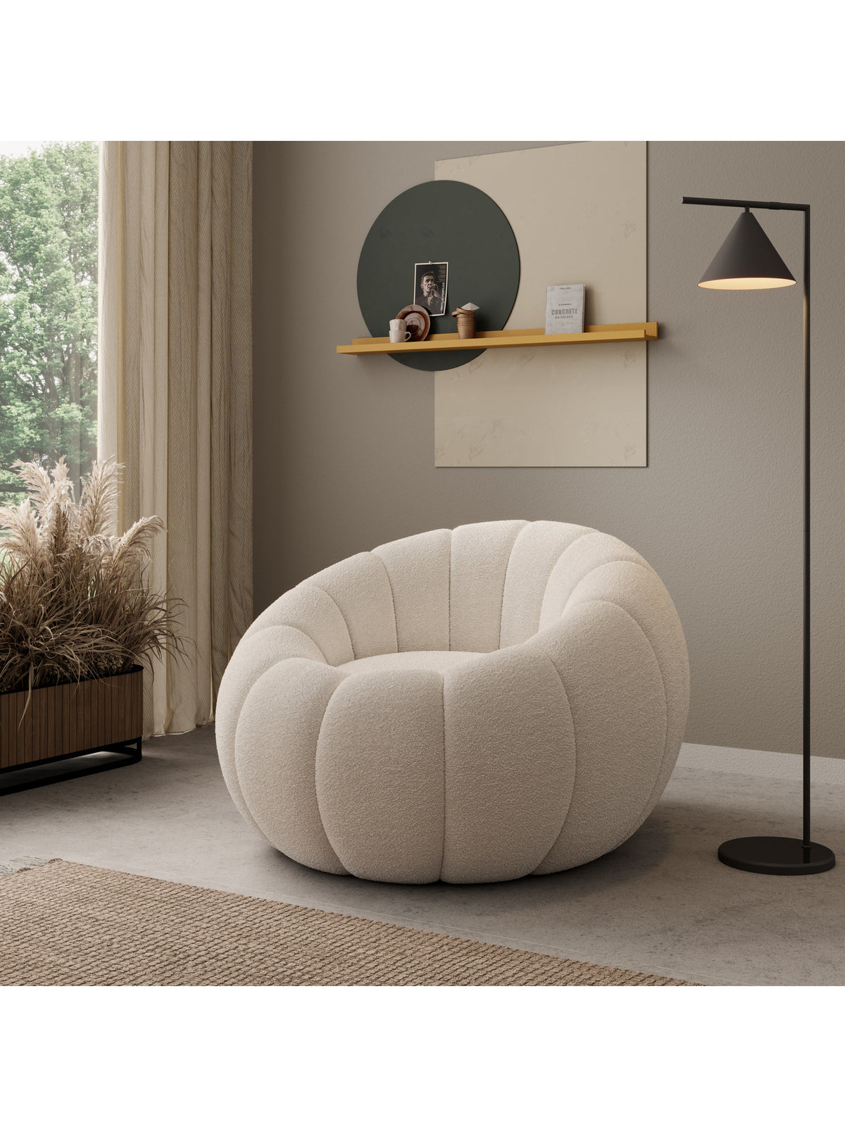 Fotoliu Pares crem din material boucle Lambi 1, stil modern organic, vedere frontală
