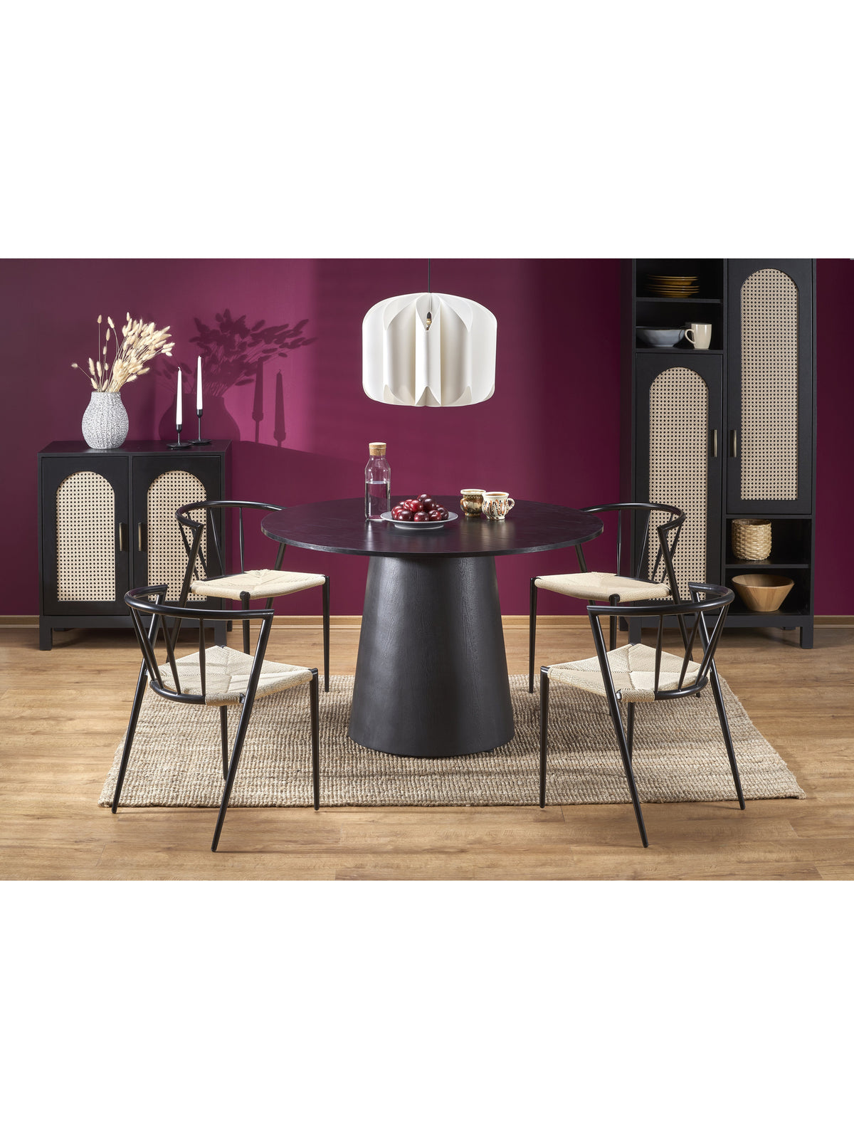 Masă rotundă Ventoza 120 cm neagră din MDF, stil Modern Organic, vedere frontală