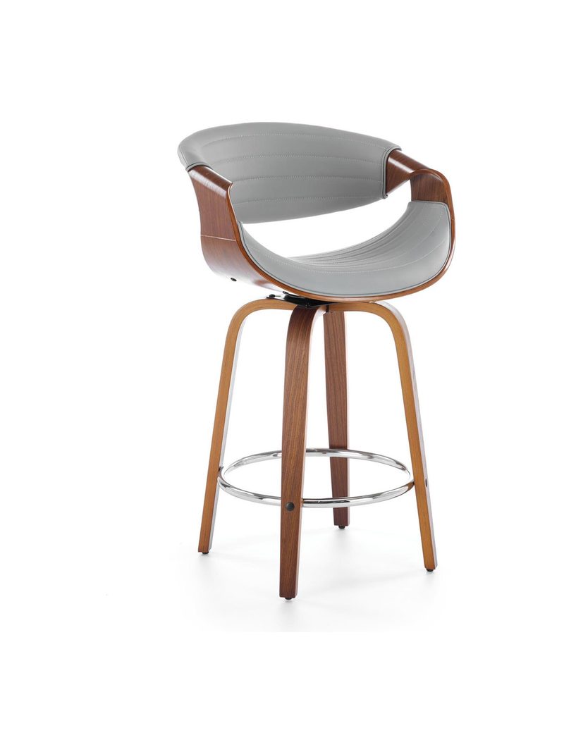 Scaun bar Solvane cu șezut gri din piele ecologică și picioare din nuc, stil modern