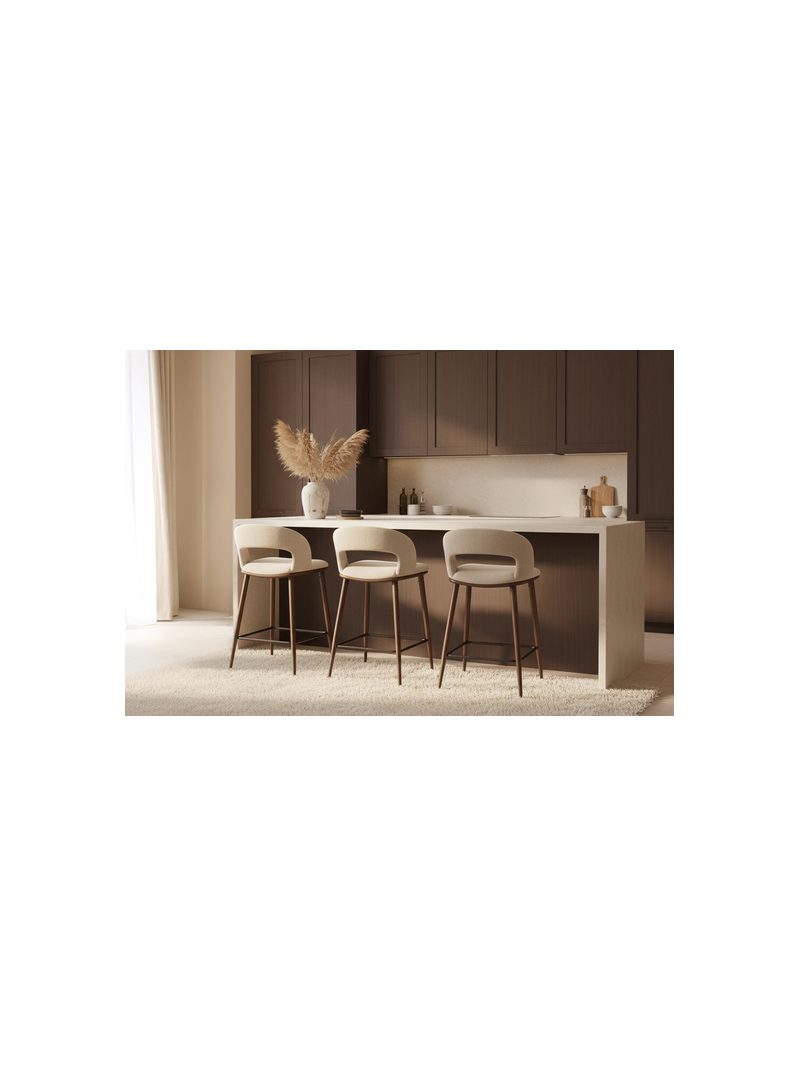 Scaun bar tapițat Viresto bej cu picioare din nuc, design modern