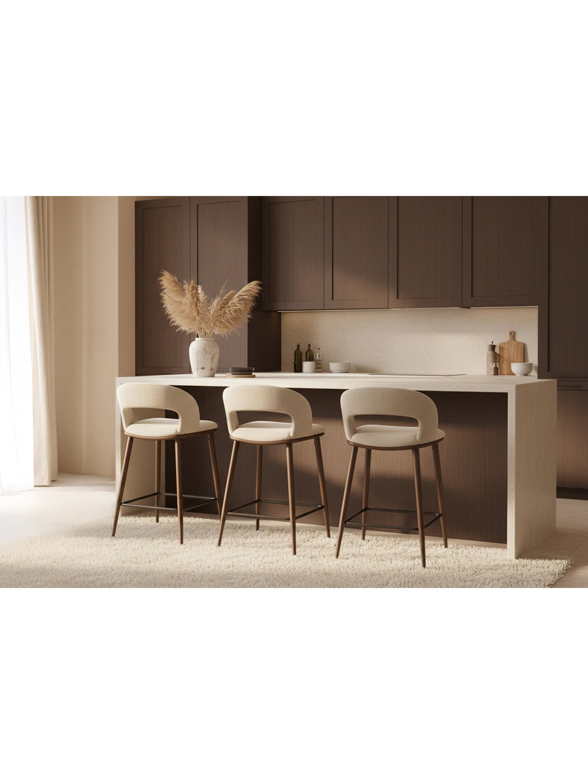 Scaun bar tapițat Viresto bej cu picioare din nuc, design modern